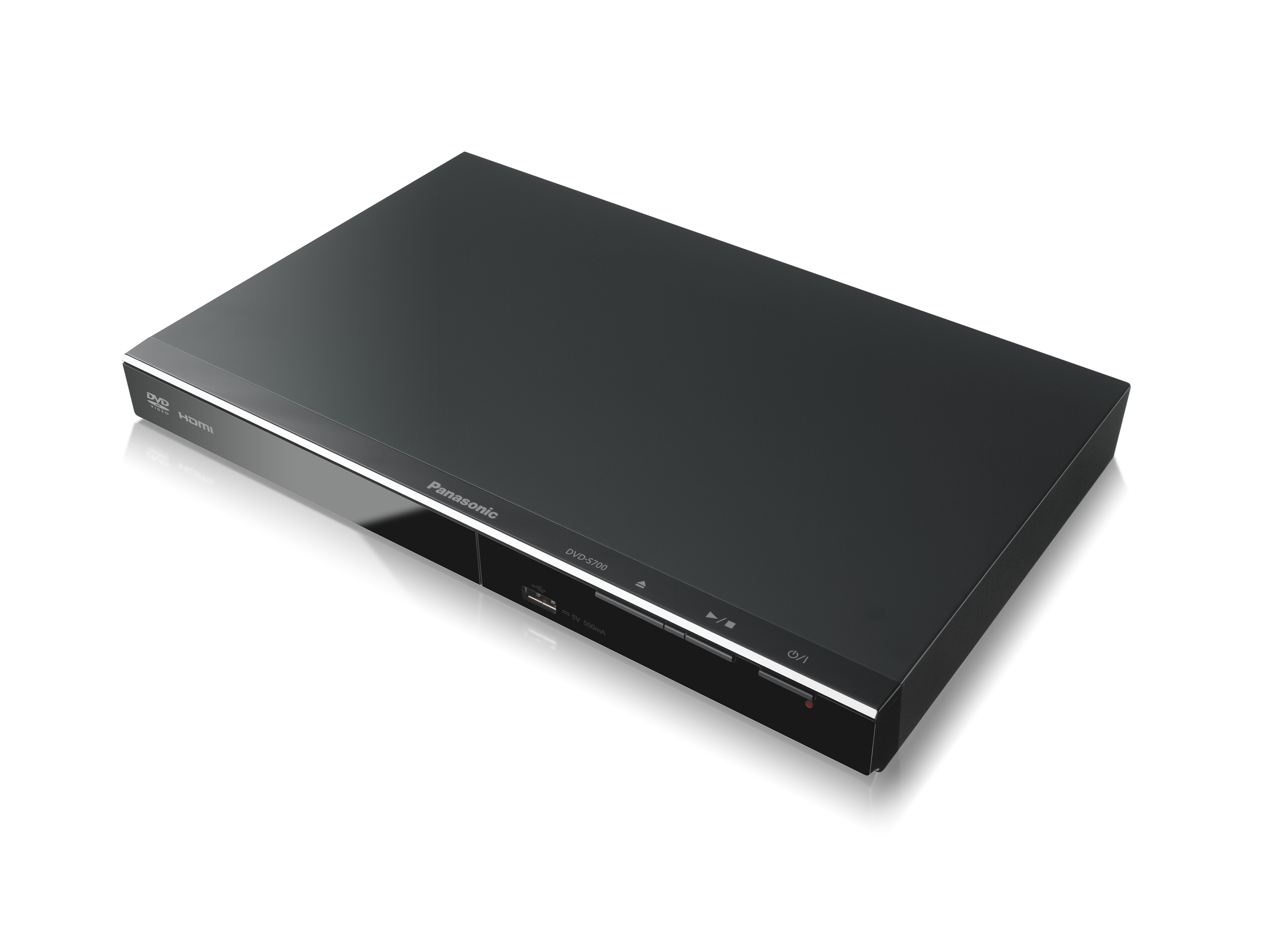 Schwarzer DVD-Player, Draufsicht, mit Panasonic-Logo, HDMI und Auswurf-/Einschalttasten.