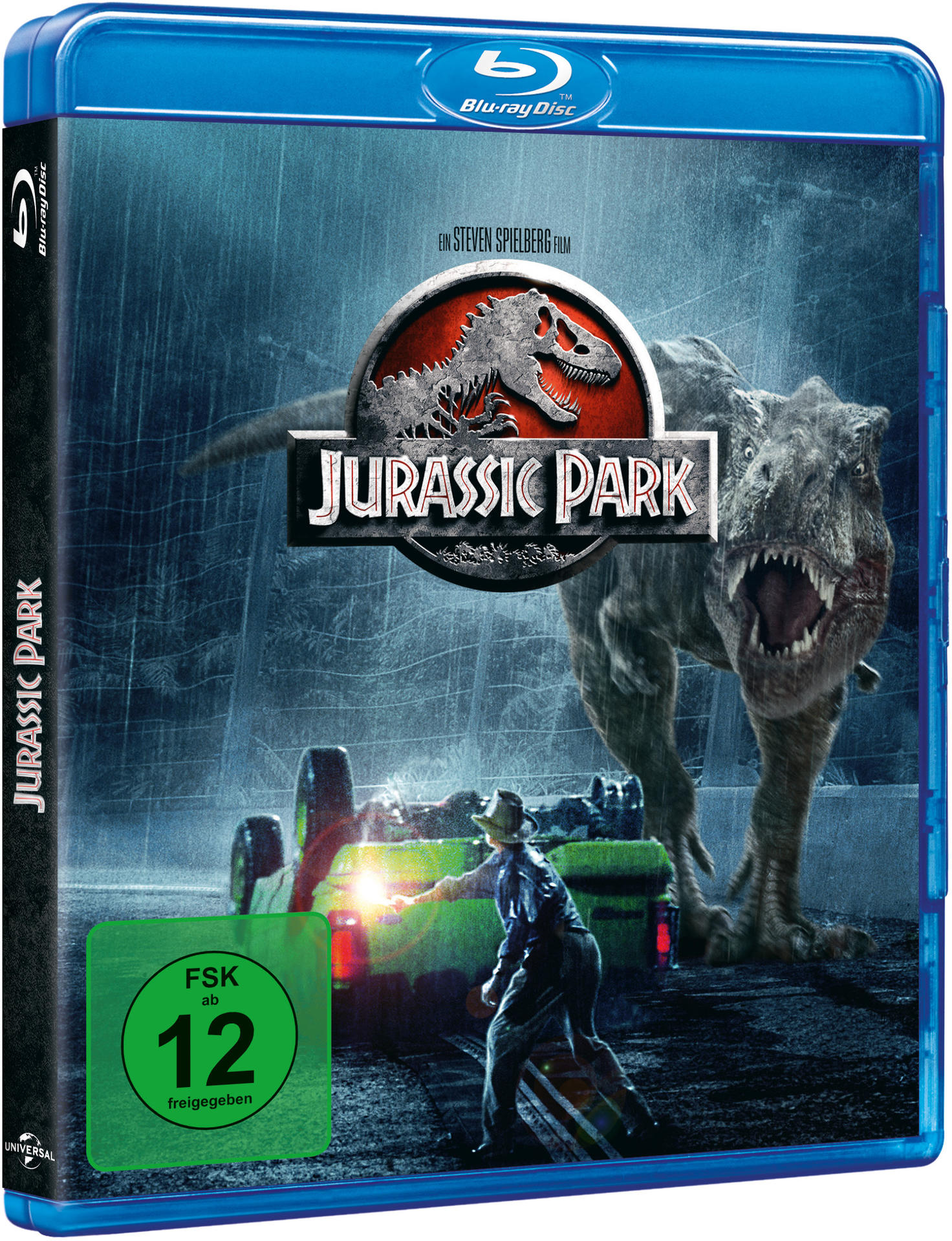 Jurassic Park Blu-ray Cover mit T-Rex, Auto und Regen.