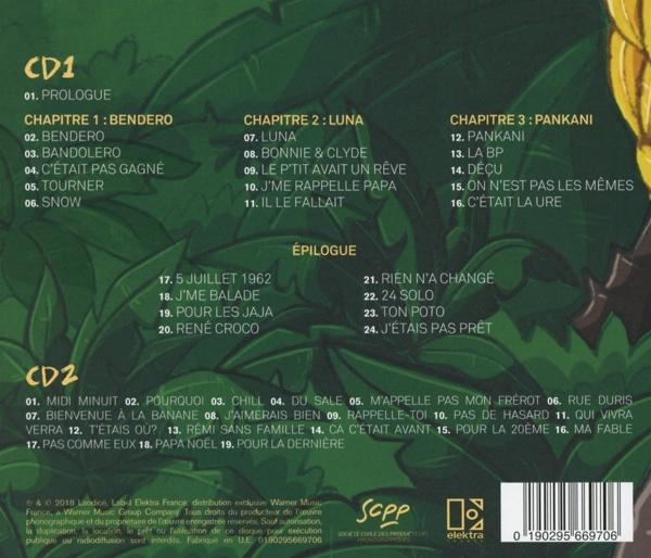 CD-Rückseite mit grünem Hintergrund, Songtiteln und Text in mehreren Sprachen.