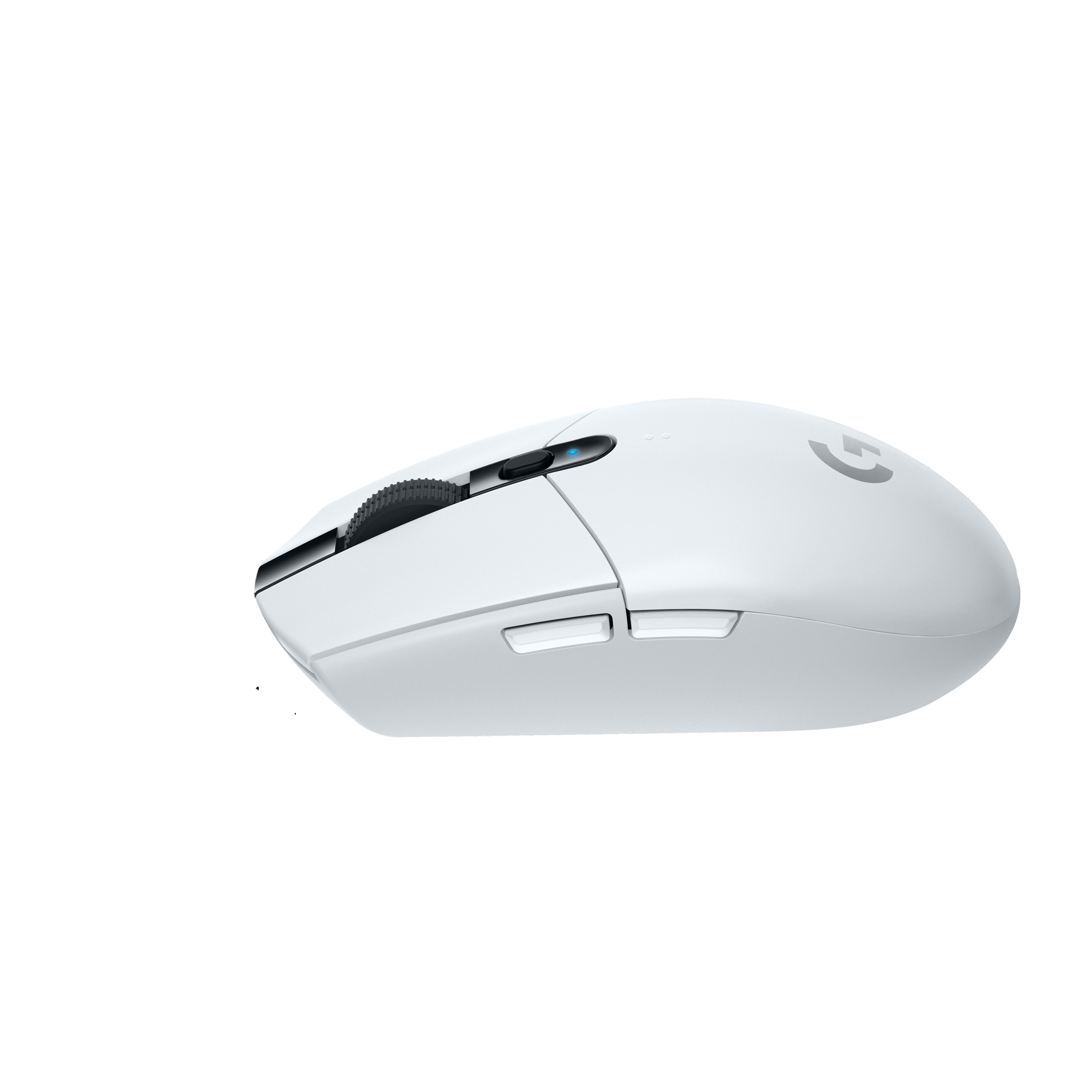 Mouse wireless Logitech bianco. Ha pulsanti, una rotella di scorrimento e il logo Logitech.