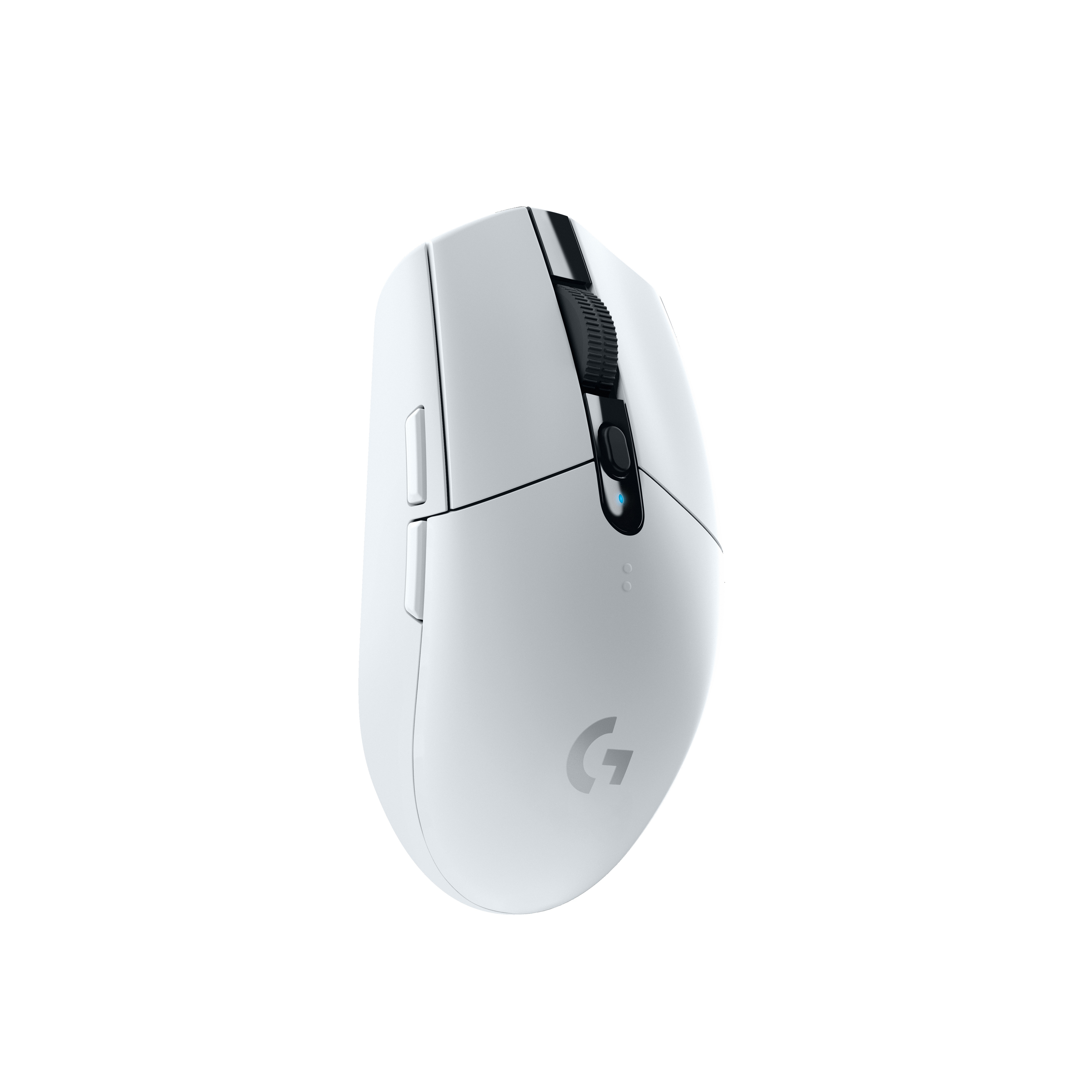 Mouse per computer wireless bianco con dettagli neri. Ha una rotellina e pulsanti laterali.