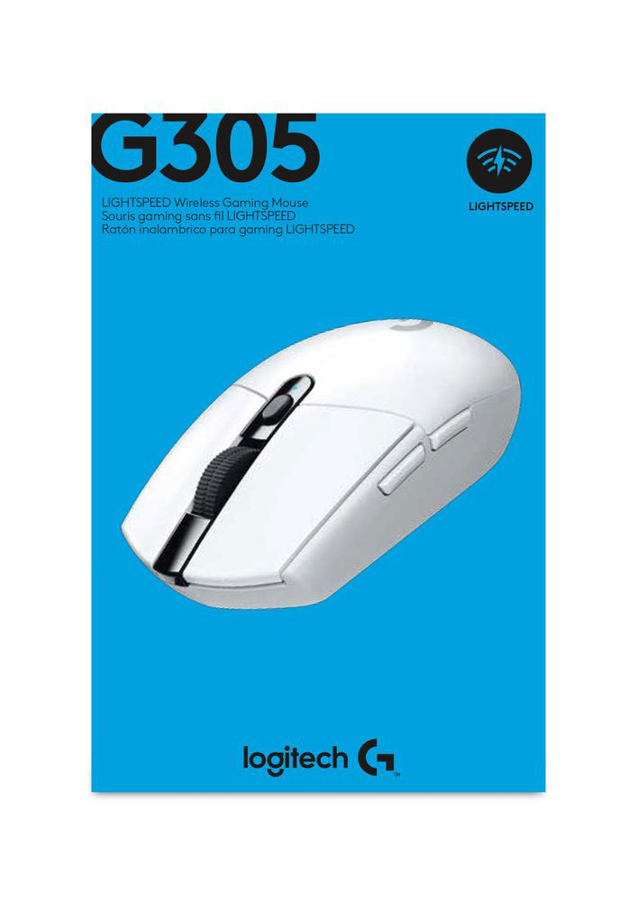 Mouse da gaming wireless Logitech G305 bianco in una scatola blu, vista angolata.