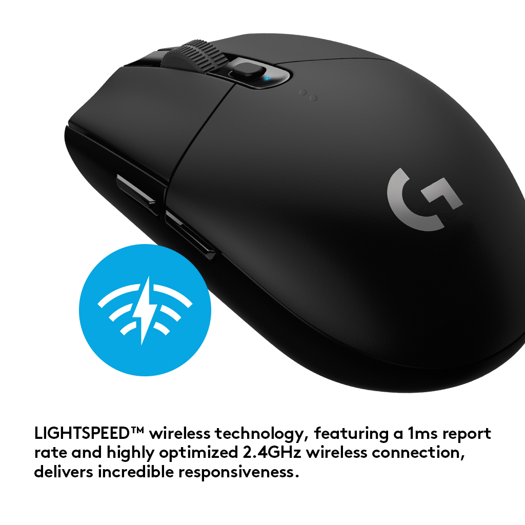 Schwarze Gaming-Maus mit blauem WLAN-Symbol. Text zur Wireless-Technologie ist vorhanden.