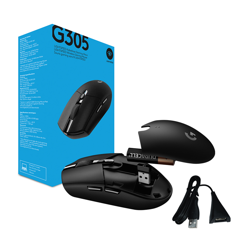Schwarze drahtlose Gaming-Maus, Box mit Produktinformationen und eine Batterie.