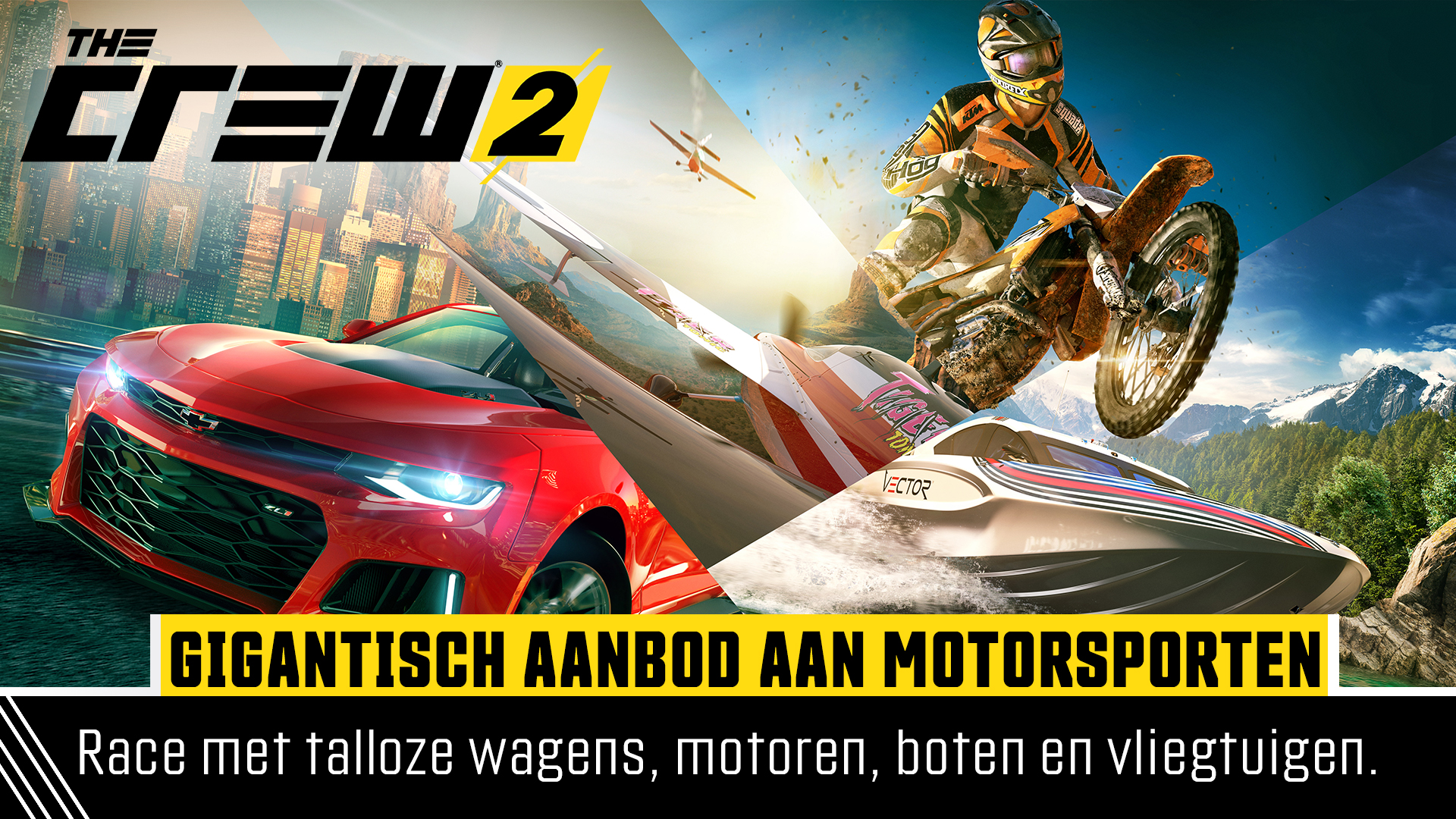 The Crew 2 game cover met auto's, boten en een motorfiets.