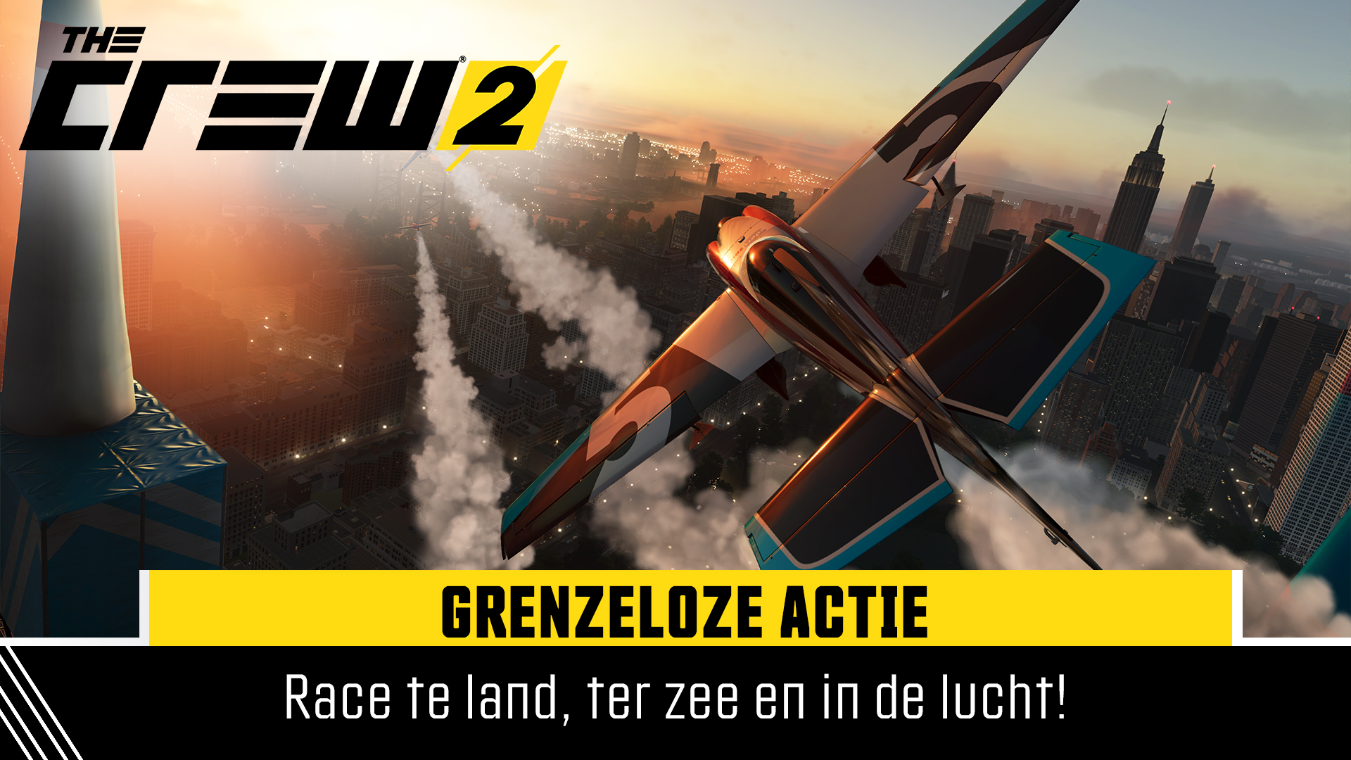 The Crew 2 game-advertentie met een vliegtuig boven een stad.