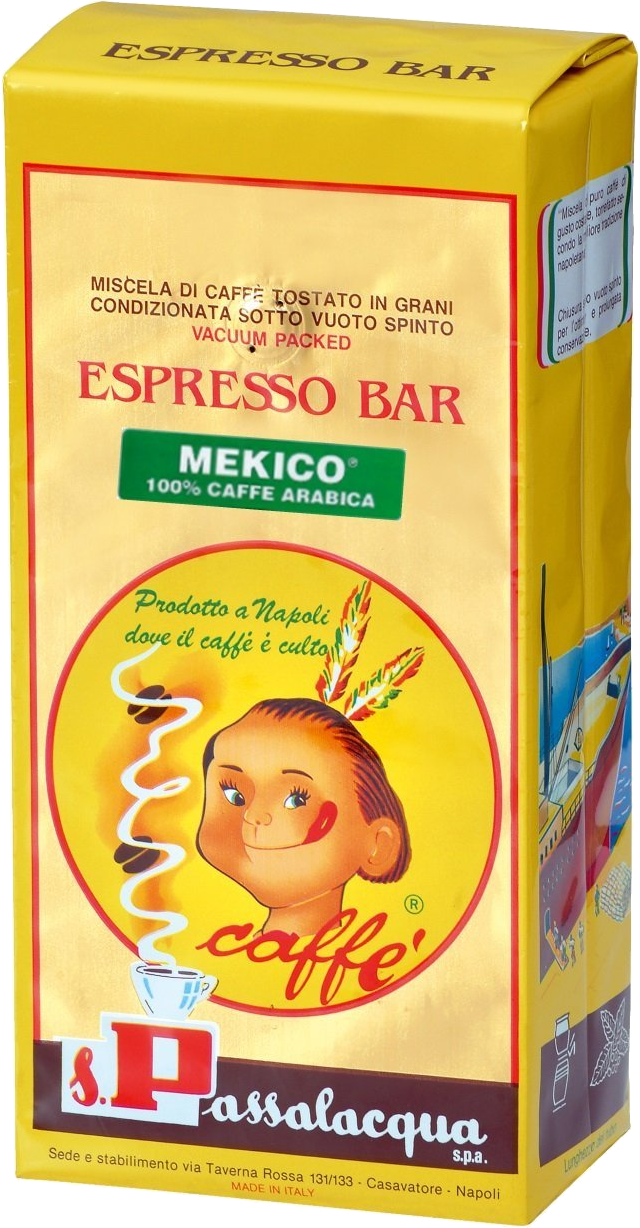 Sárga eszpresszó kávé csomag rajzolt arccal, szöveggel a kávéról.