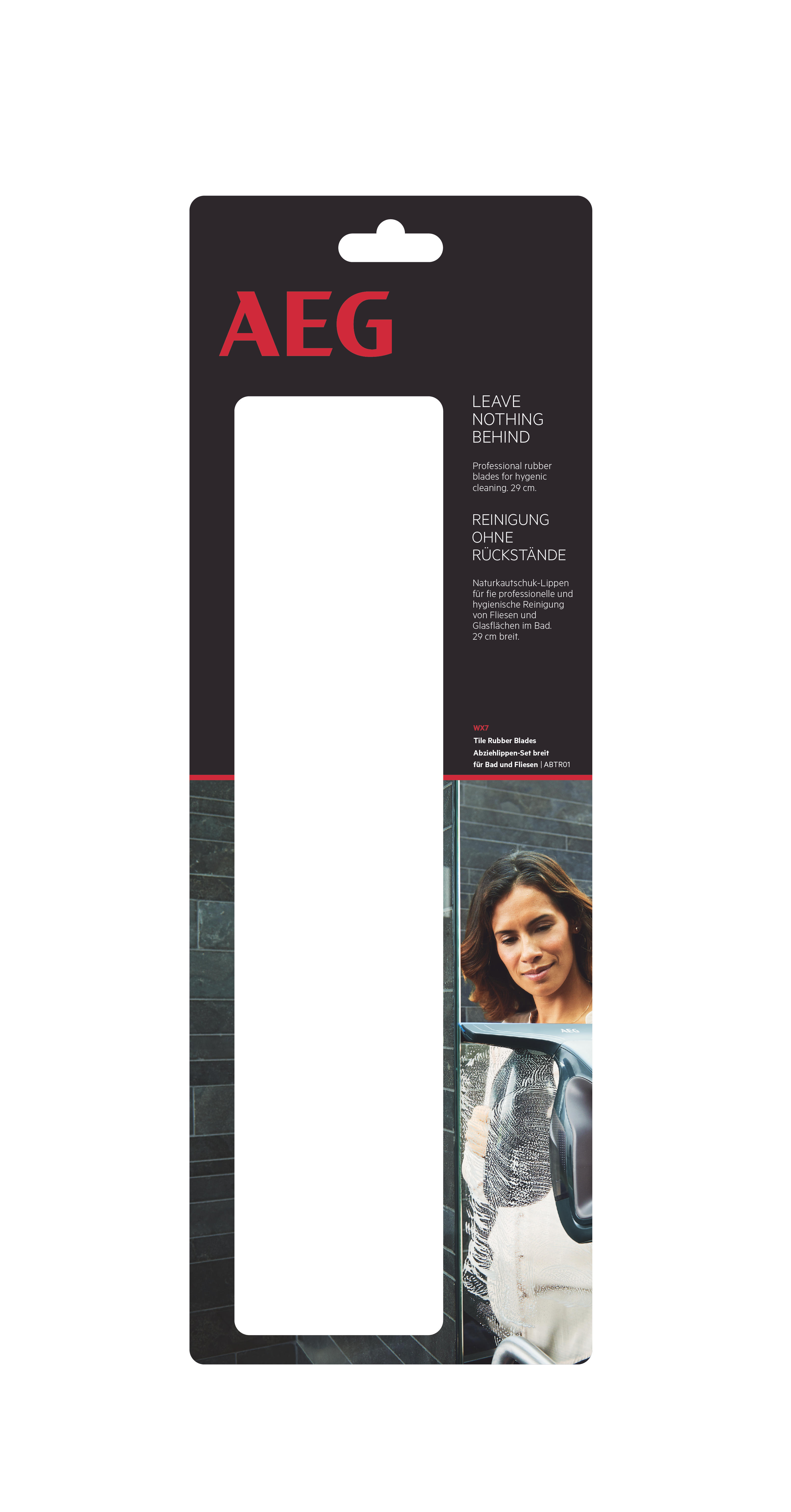 AEG window cleaner packaging. A woman cleans a window, product details, and the AEG logo are present.
