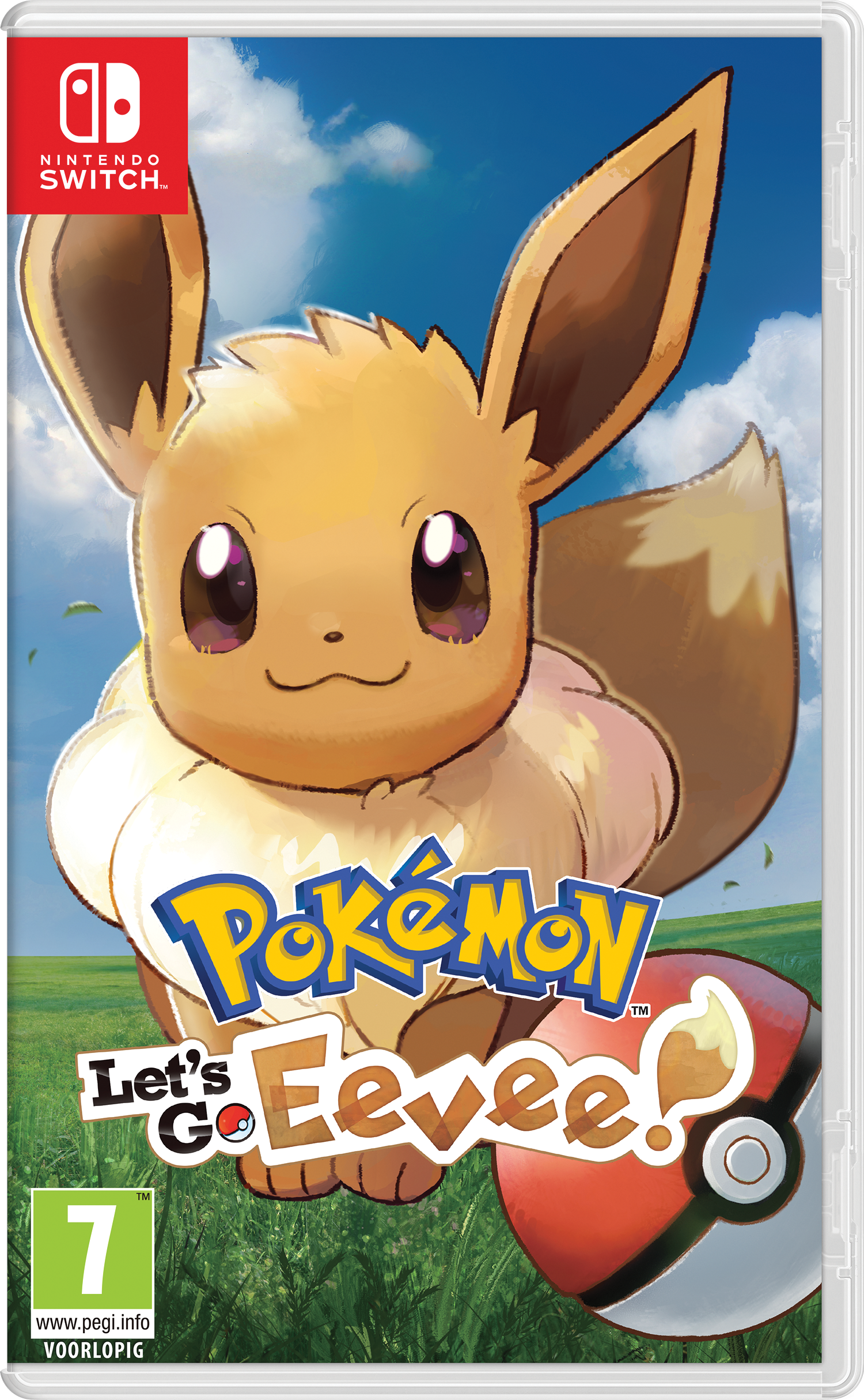 Nintendo Switch gamecover met Eevee en de titel "Let's Go Eevee!".