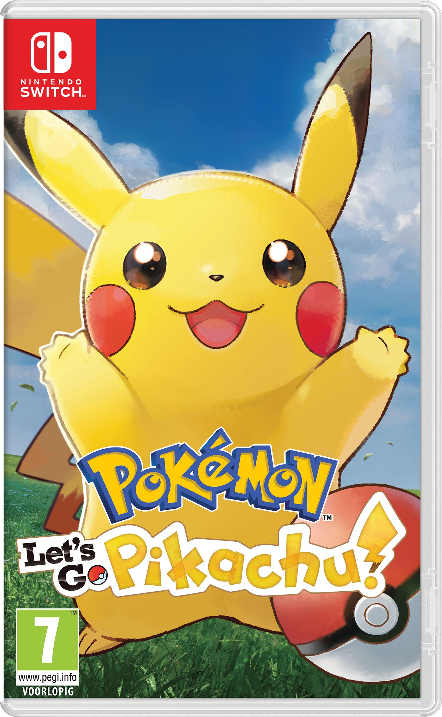 Pokemon Let's Go Pikachu! game cover. Pikachu met een rood-witte Pokeball.