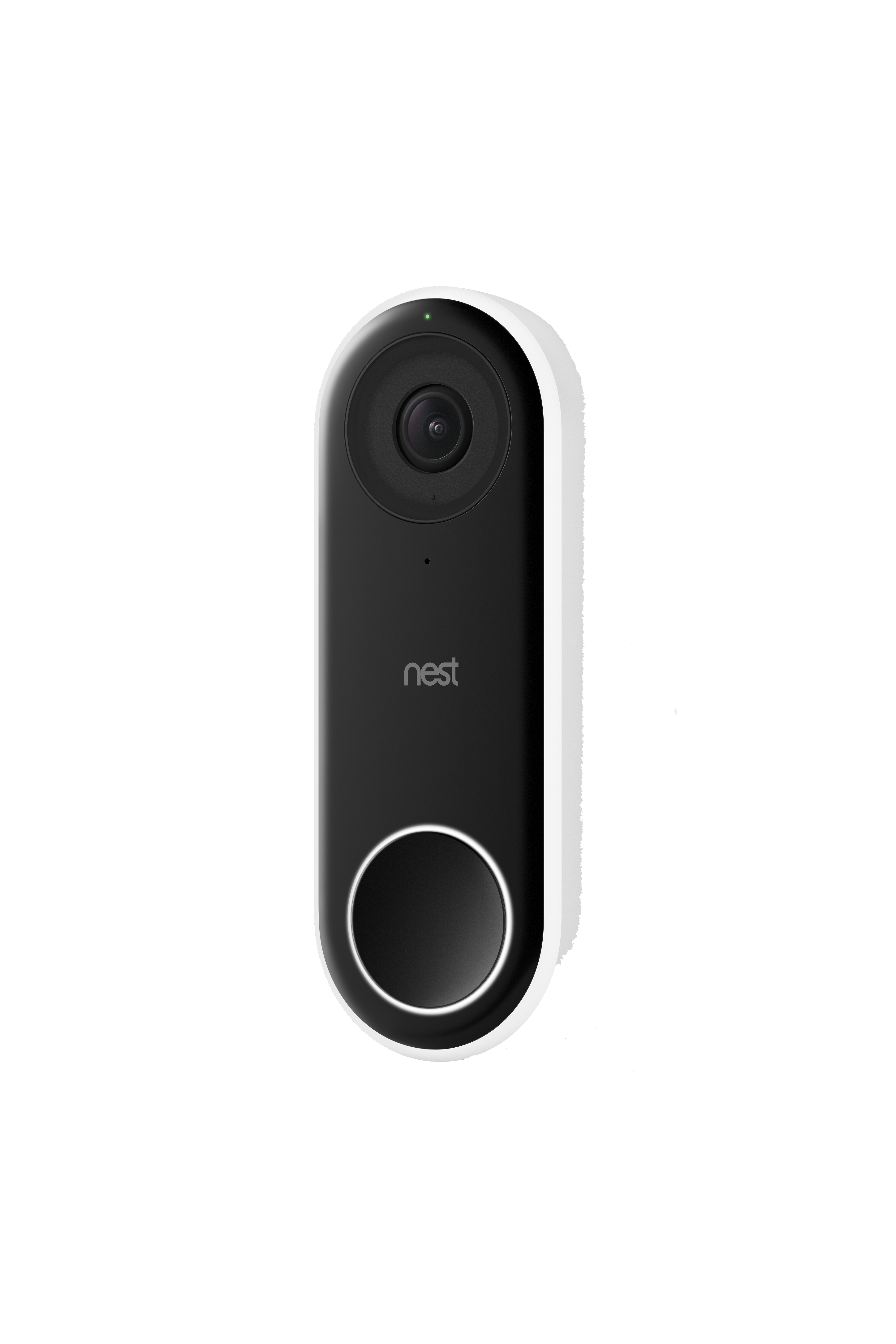 Nest videodeurbel in zwart en wit, met een cameralens en een zwarte knop.