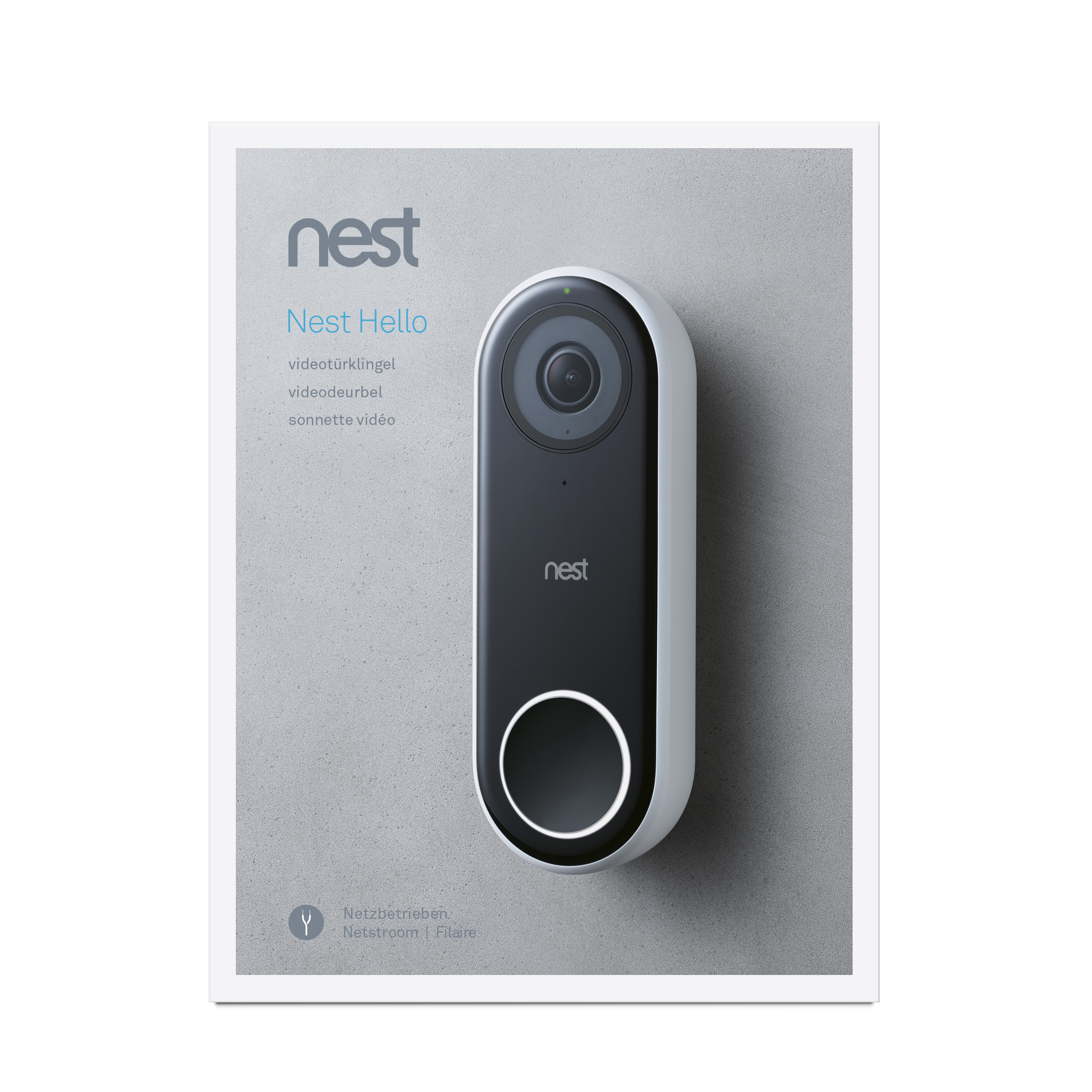 Nest Hello videodeurbel op een grijze muur. Zwart, wit en zilver design.