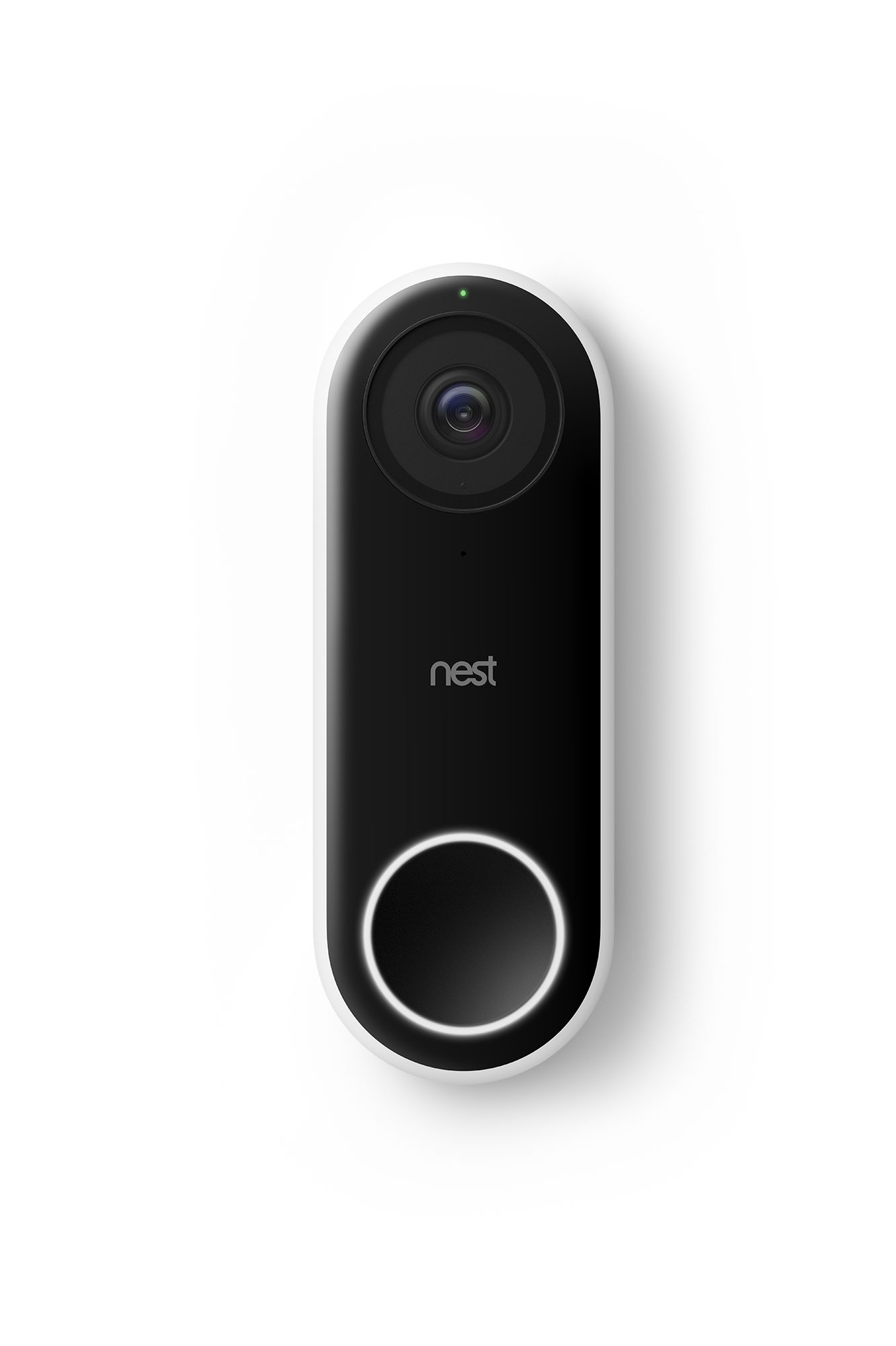 Nest deurbel, zwart en wit, met een camera en een belknop. Zwarte achtergrond.