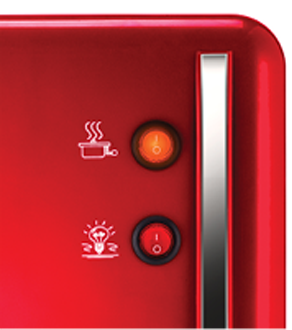 Rotes Gerät mit Knöpfen. Licht- und Heizsymbole sind sichtbar.