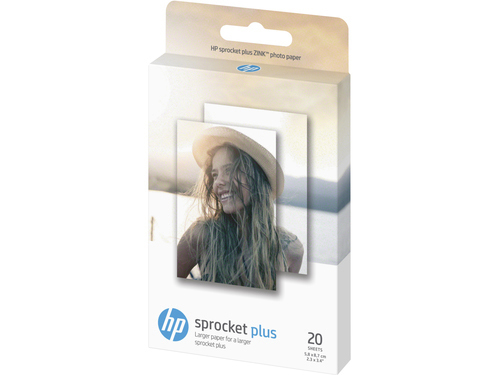 Eine Schachtel HP sprocket plus ZINK Fotopapier, mit einem Foto einer lächelnden Frau.