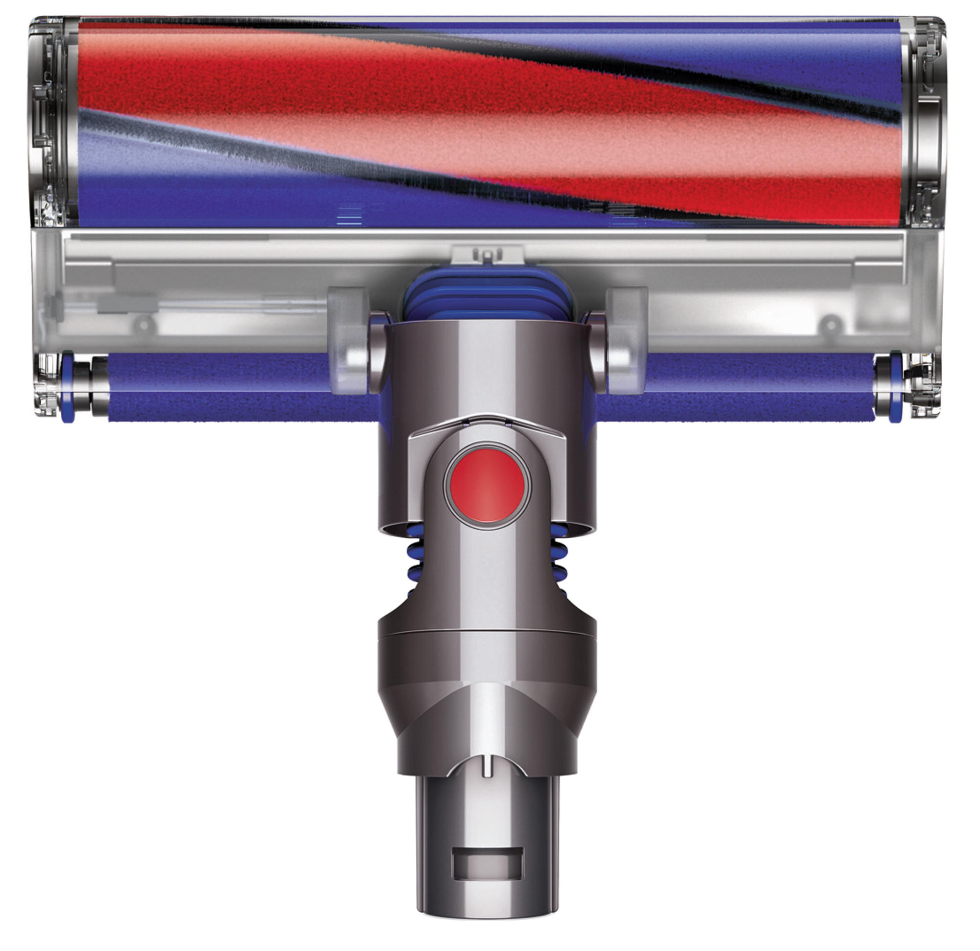 Ein Staubsaugerkopf mit einer rot-blauen Walzenbürste, silbernes Gehäuse.