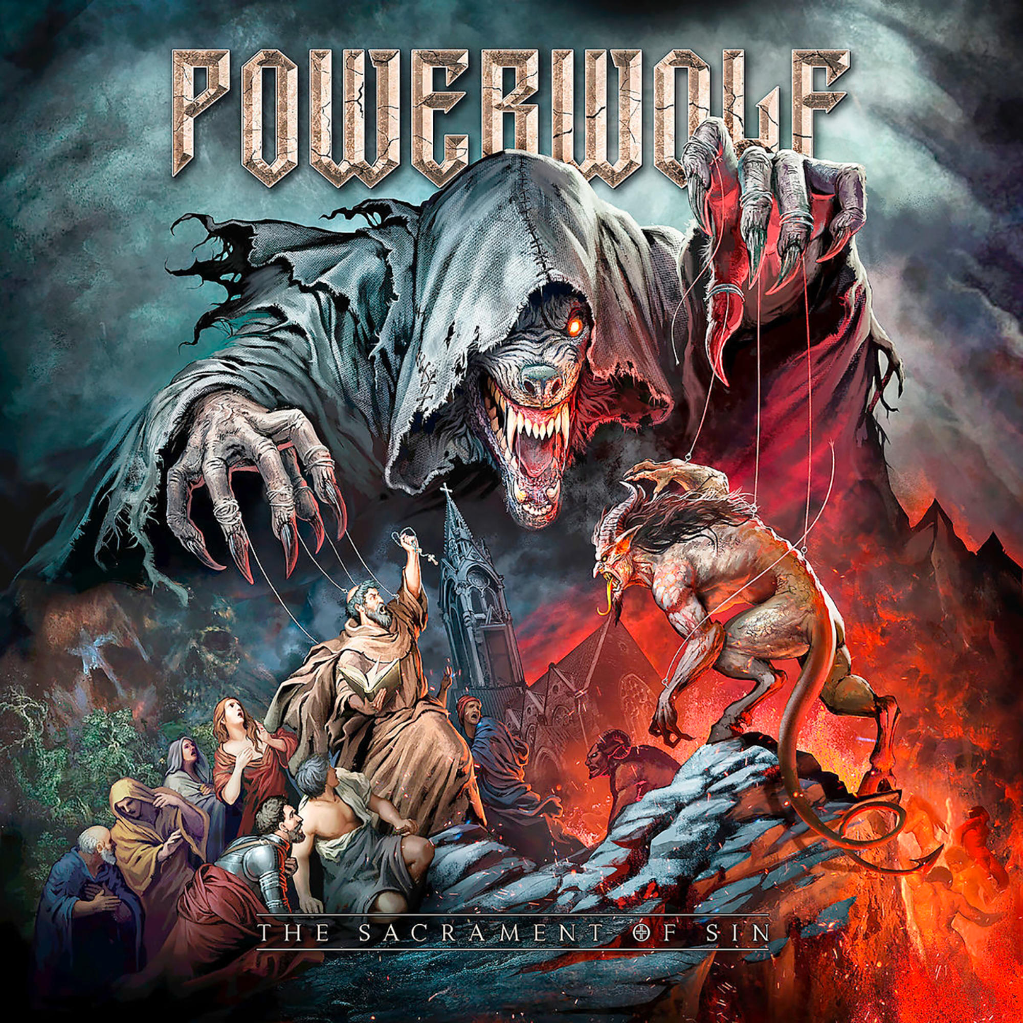 Albumcover mit einer wolfsähnlichen Figur, einem löwenartigen Wesen und einer Menschengruppe.
