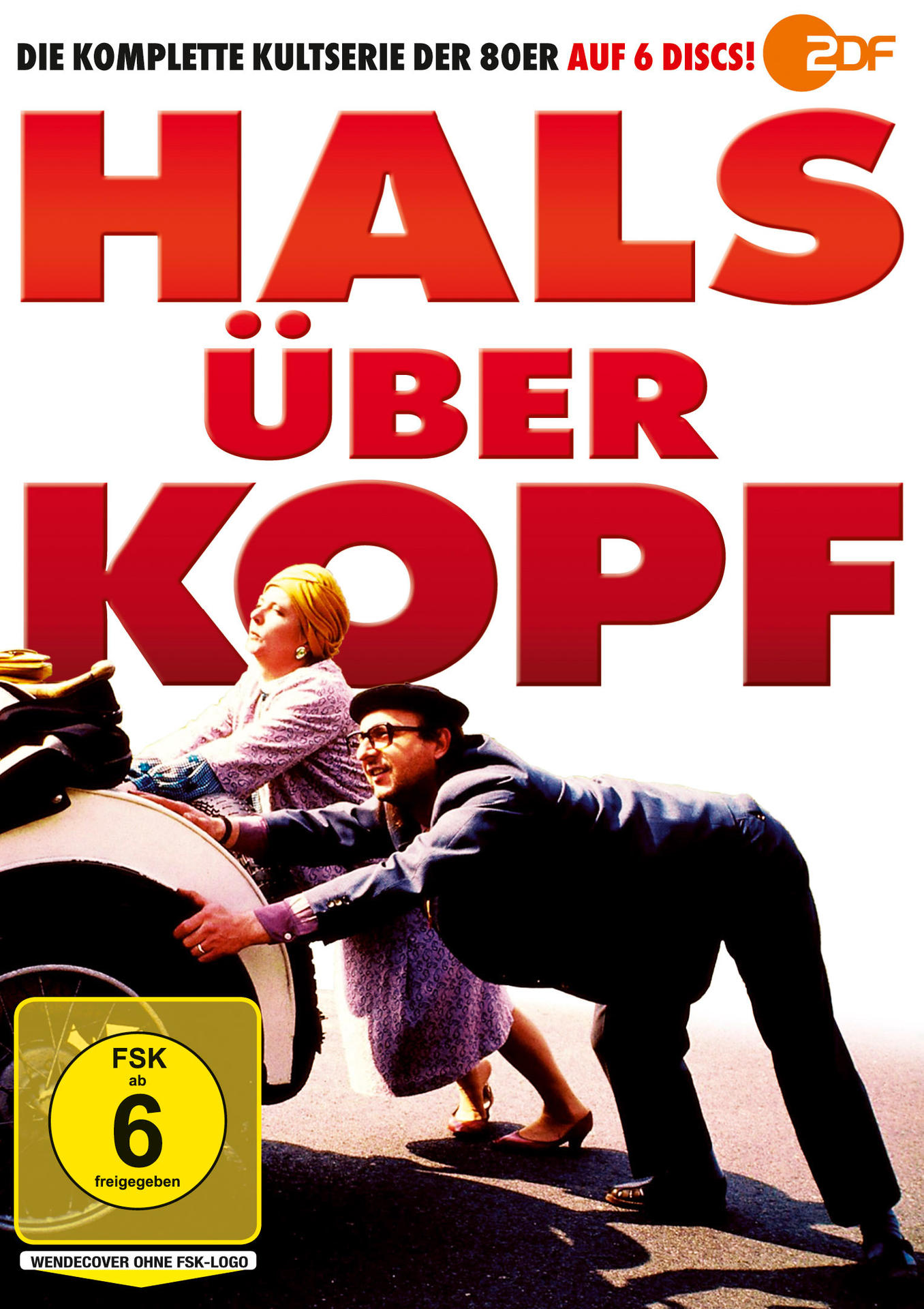 DVD-Cover, ein Mann und eine Frau schieben ein Auto, Text "Hals über Kopf".