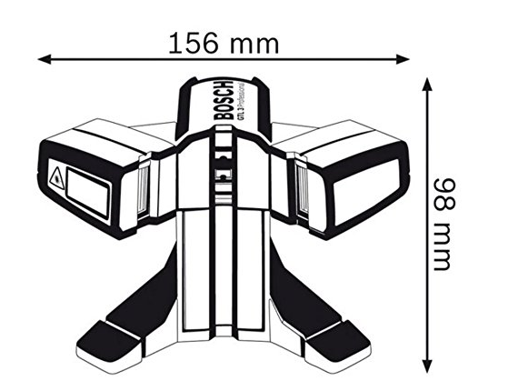 Bosch lézeres szintező eszköz. Fekete-fehér, a méretekkel: 156 mm x 98 mm.