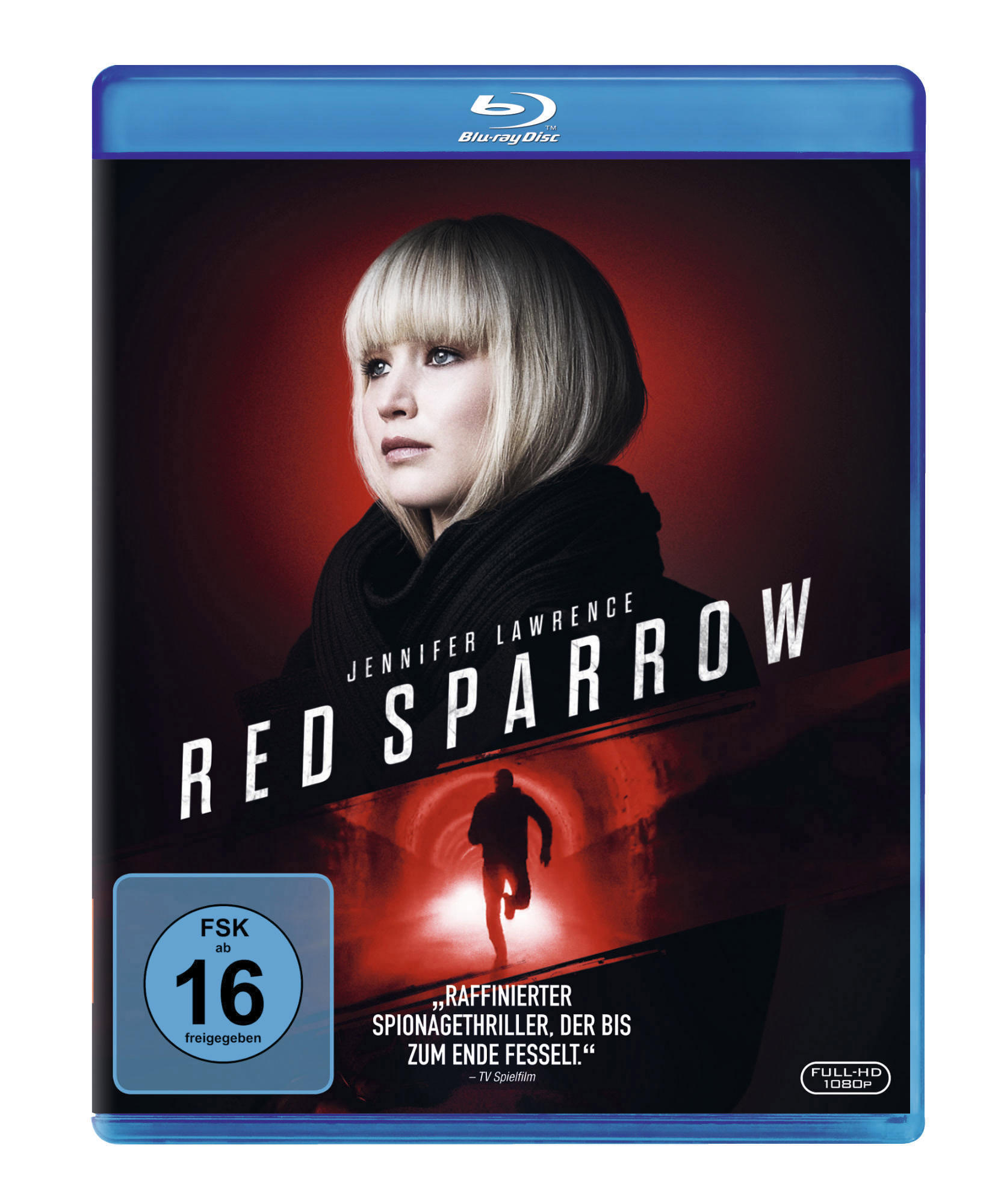Red Sparrow Blu-ray. Jennifer Lawrence auf dem Cover, eine laufende Figur in einem roten Tunnel.
