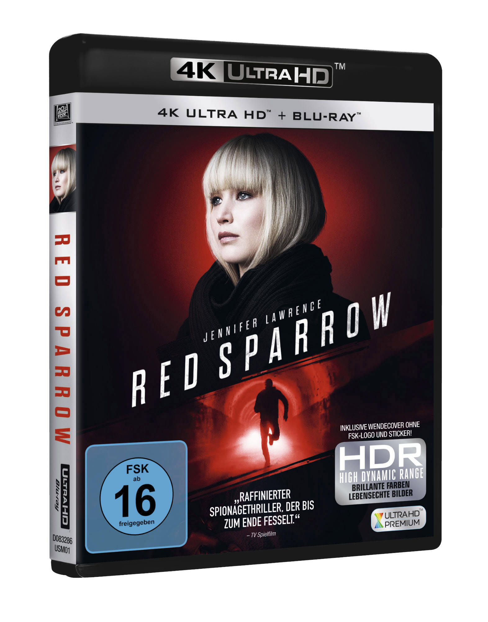 DVD-Cover. Red Sparrow Filmplakat mit Jennifer Lawrence.