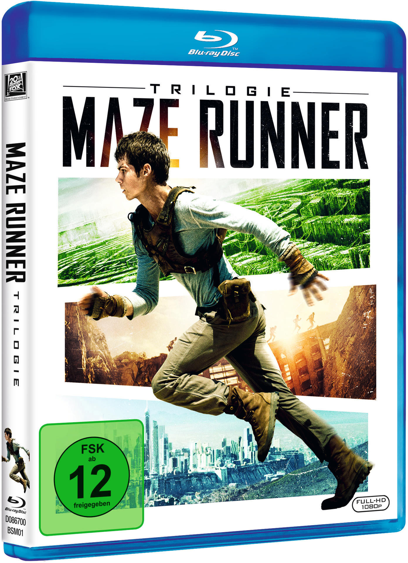 Blu-ray-Disc-Cover der 'Maze Runner'-Trilogie. Ein Mann rennt durch ein Labyrinth. Grüner und gelber Hintergrund.