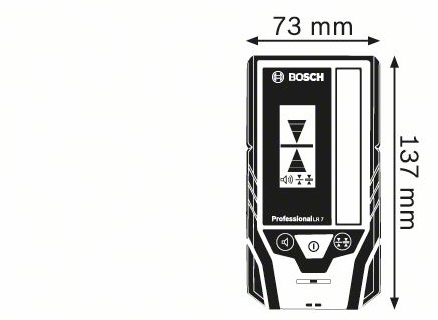 Egy kicsi, fekete Bosch Professional LR 7 eszköz, mm-ben feltüntetett méretekkel.