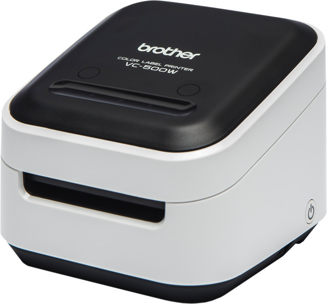 White and black Brother VC-500W color label printer, top-down view, with the power button.