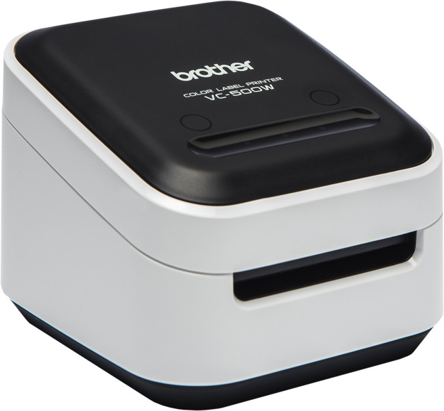 Brother label printer, black and white, with a slot for labels.
