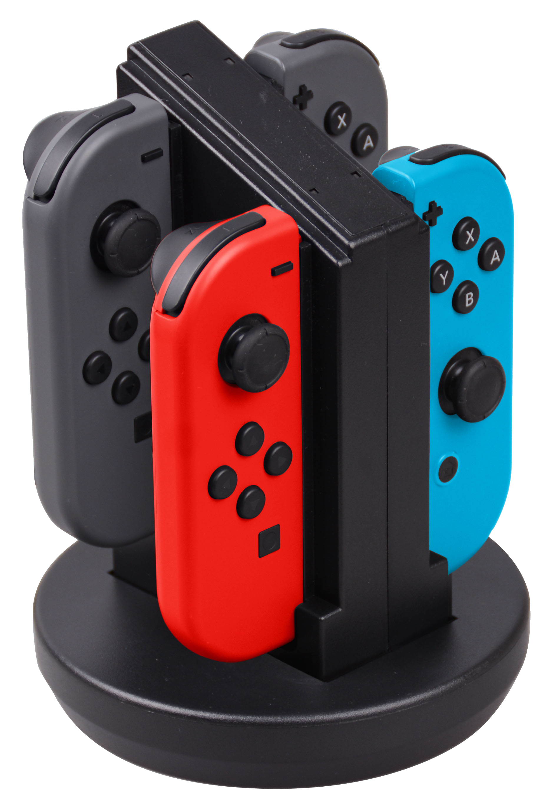 Een oplaadstation met drie Switch-controllers: grijs, rood en blauw. Het station is zwart en cirkelvormig.