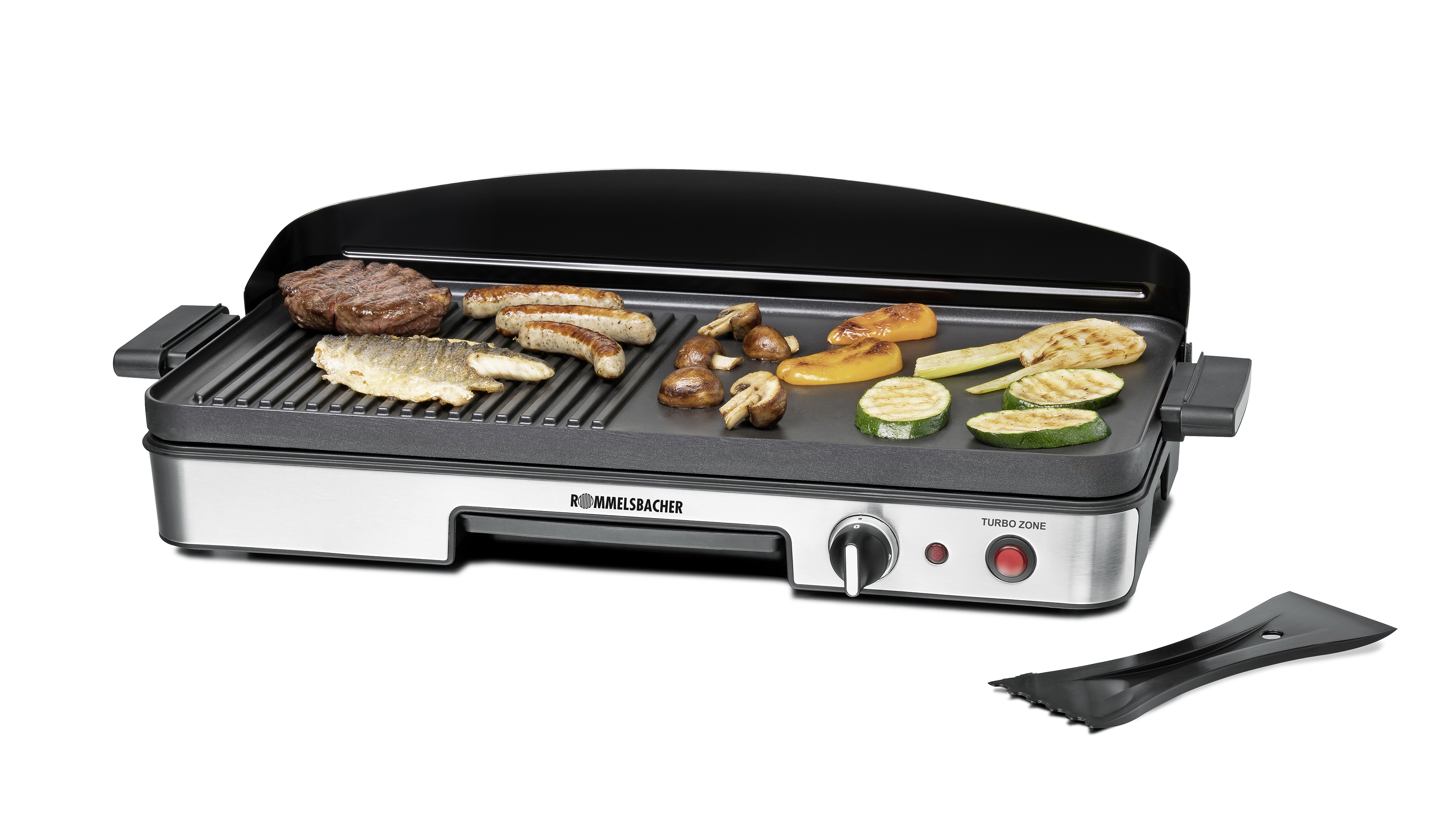 Grill mit gekochtem Essen: Steak, Würstchen, Fisch, Gemüse.