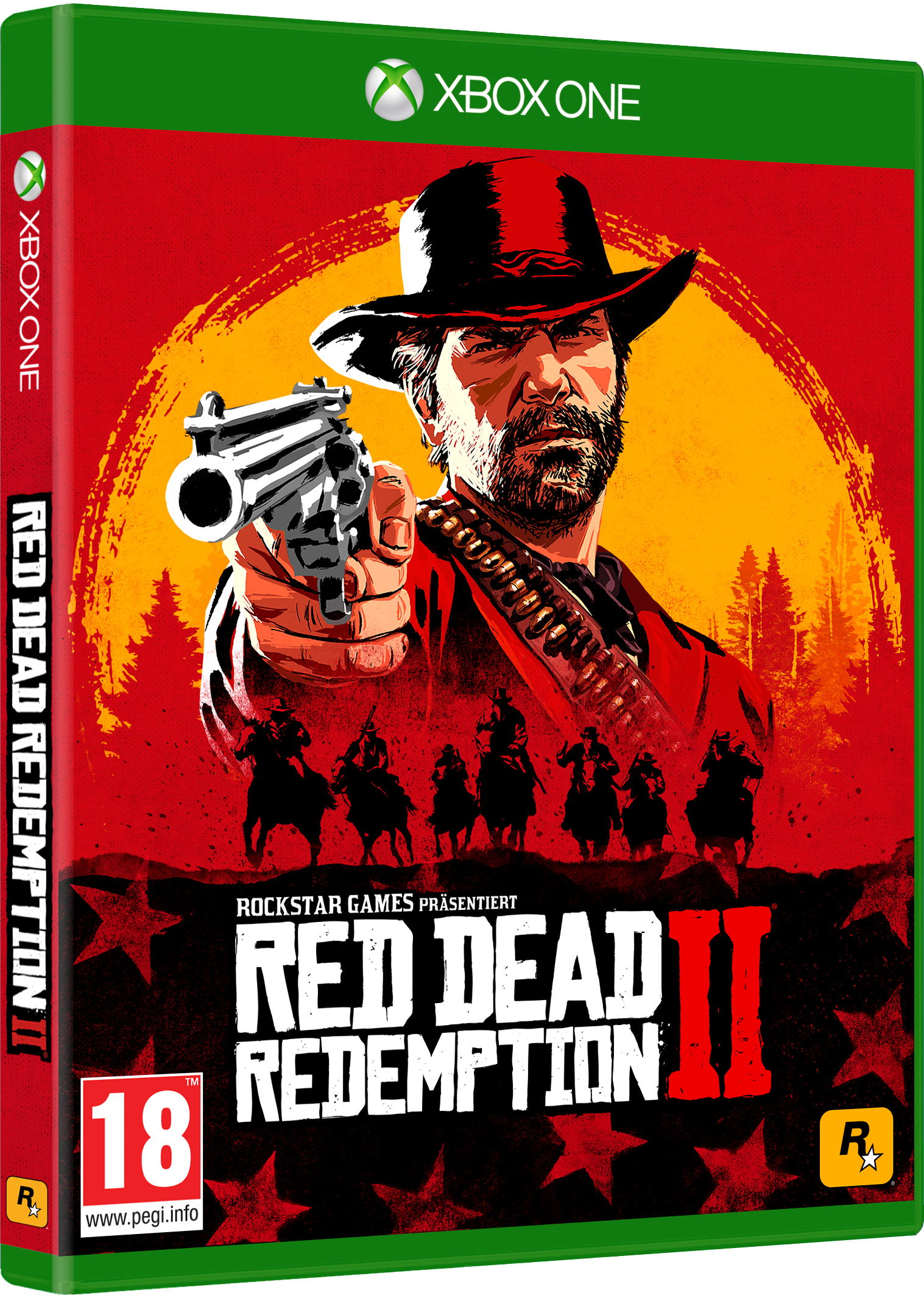 Red Dead Redemption 2 Spielebox. Ein Cowboy zielt mit einer Waffe auf den Betrachter.