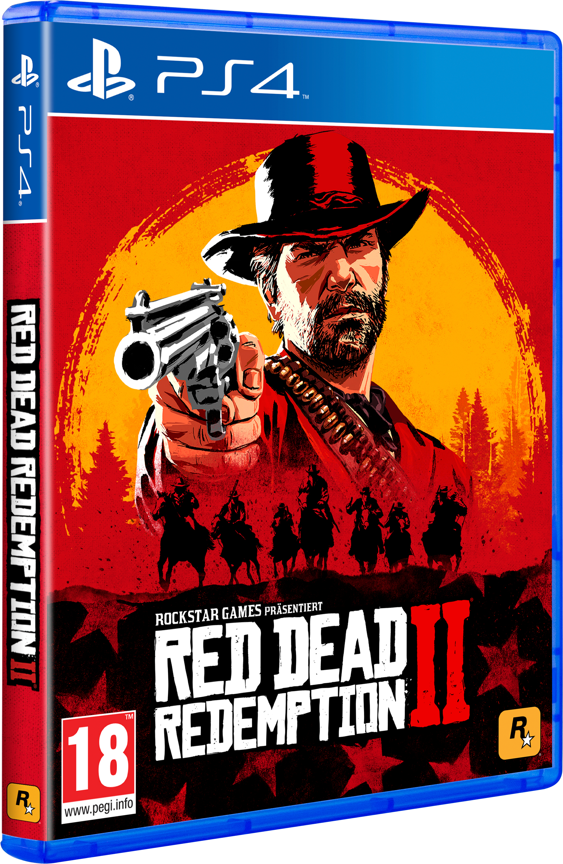 Red Dead Redemption II Spielbox. Mann mit Waffe. Roter und weißer Hintergrund.