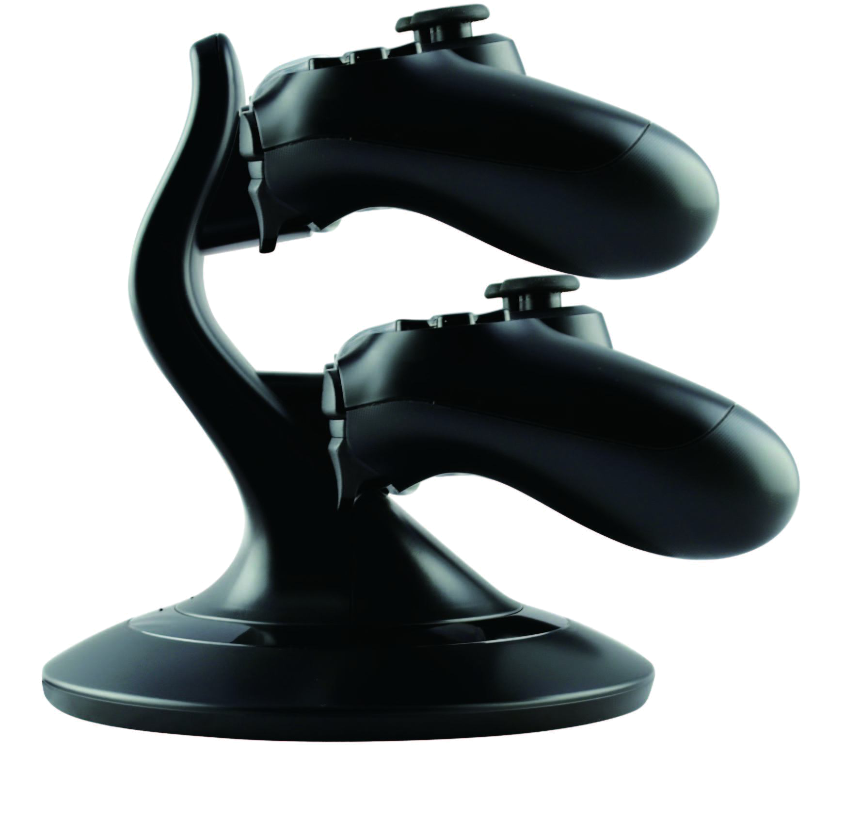 Black dual controller charging stand for PS4 controllers, shown against a transparent background.