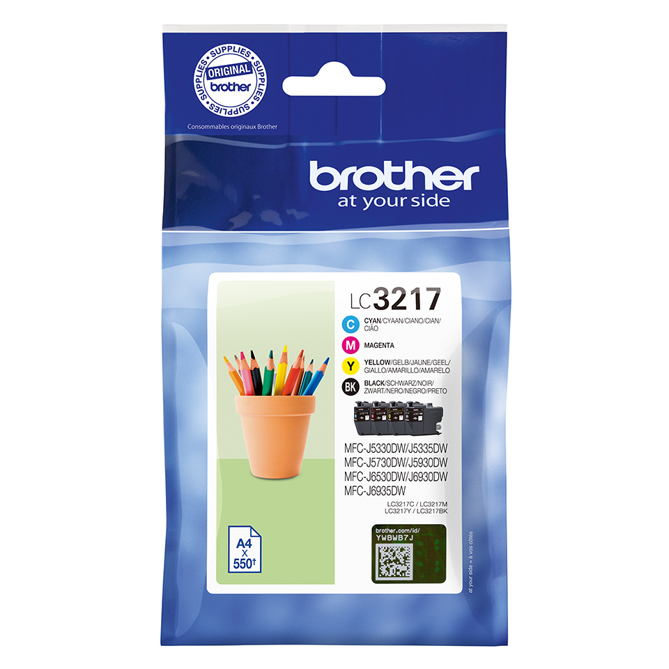 Pack de cartouches d'encre Brother. Crayons colorés dans un pot et texte indiquant les couleurs d'encre.