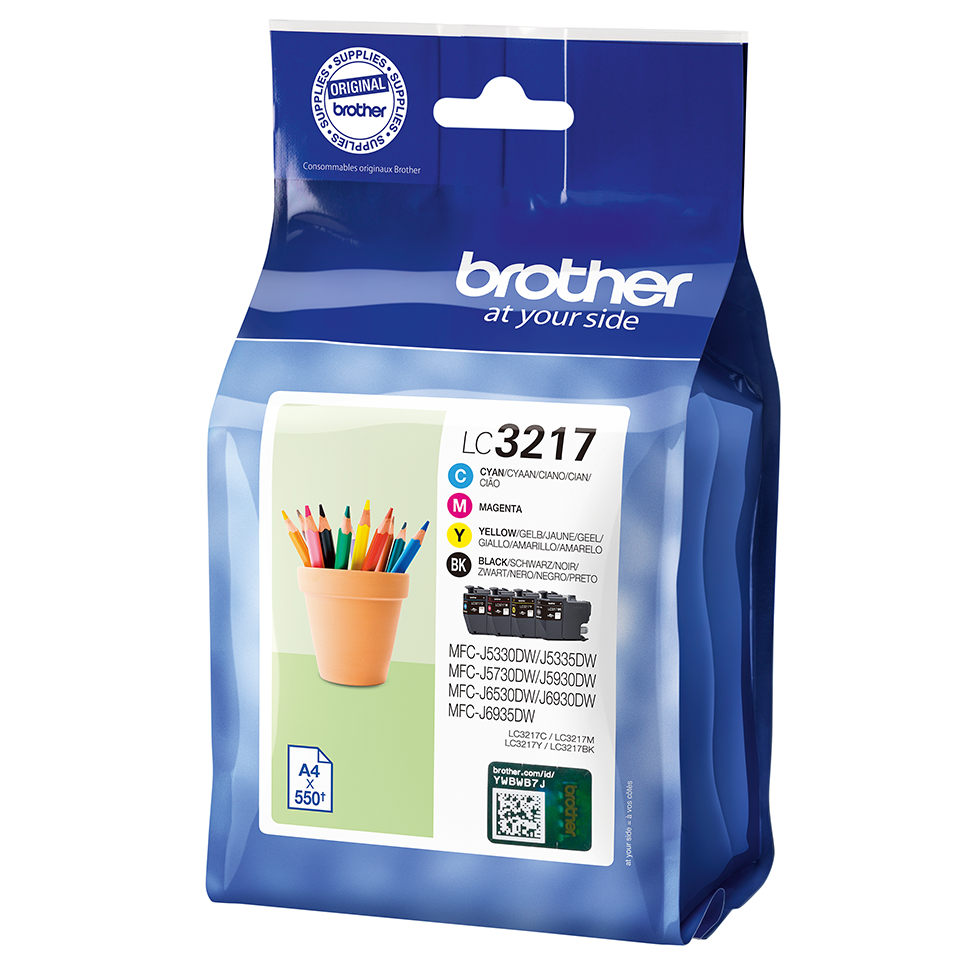 Pack de cartouches d'encre Brother avec des crayons de couleur dans un pot. Le pack a les couleurs.