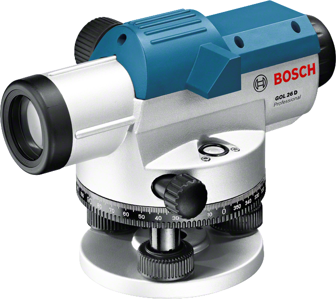 Bosch GOL 26 D professzionális szintező. Ezüst és kék test. Számlap számokkal.