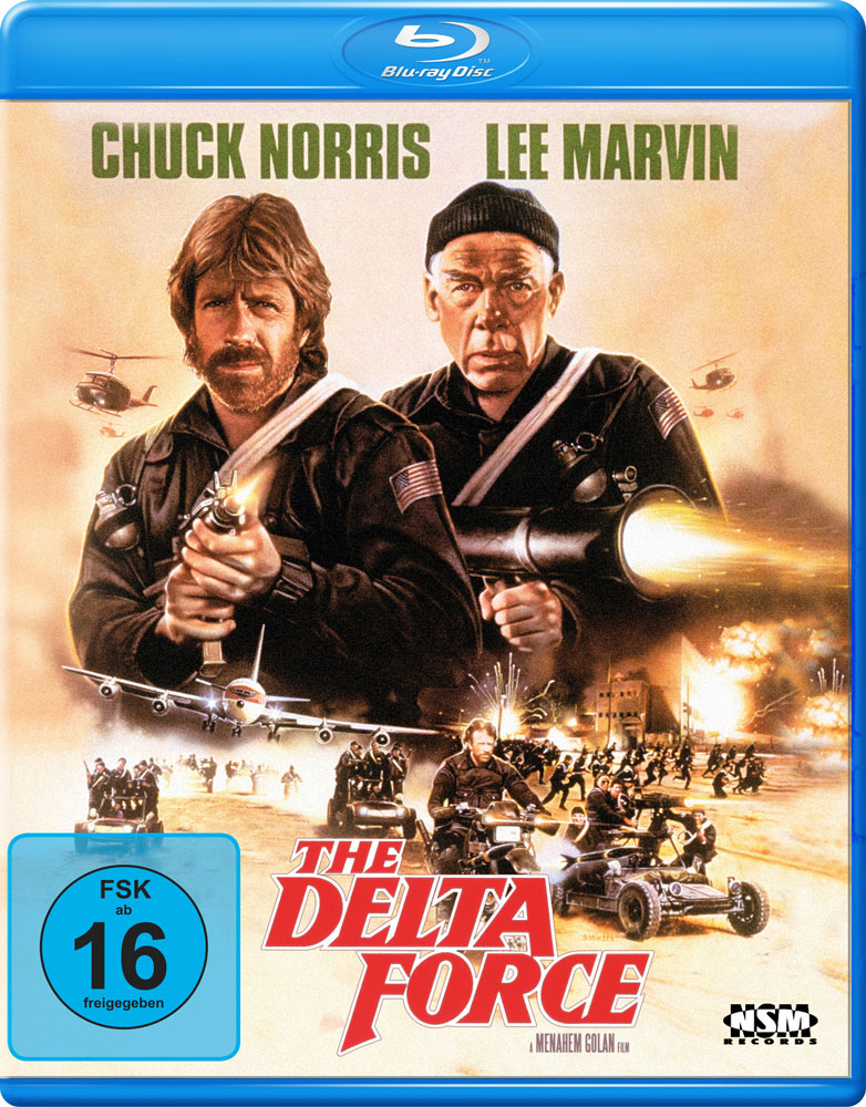 Blu-ray-Cover: Chuck Norris und Lee Marvin halten Waffen, Actionszene mit Fahrzeugen.