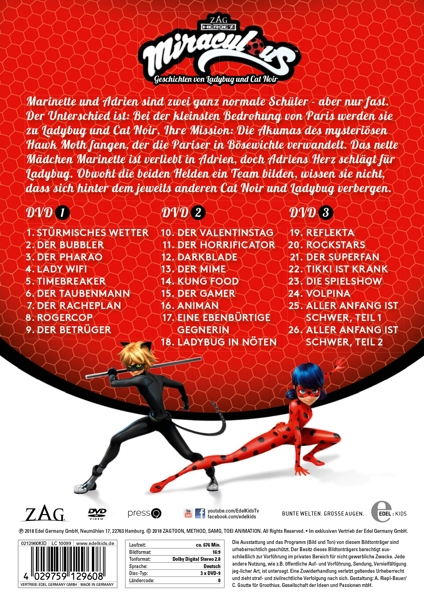 Rückseite der Miraculous DVD-Box mit Charakteren und Episodenliste.