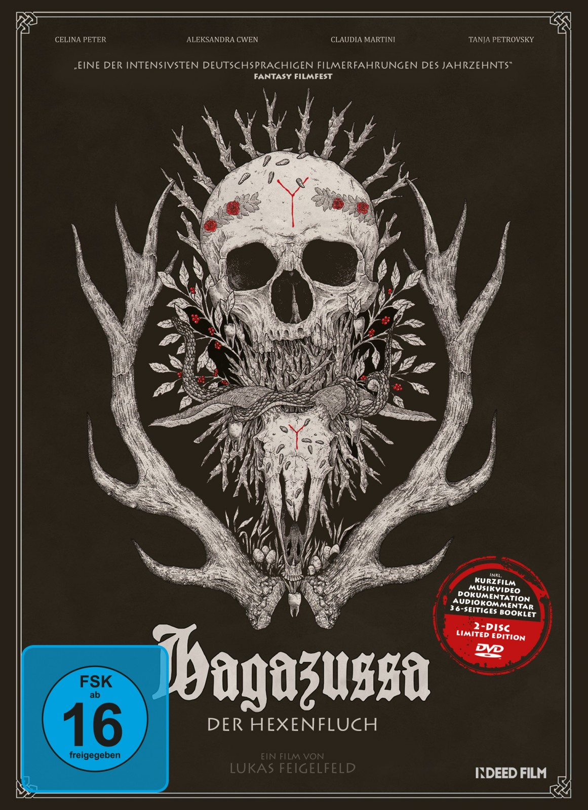 DVD-Cover mit Totenkopf und Geweih, Text 'Hagazussa' und 'Der Hexenfluch'. Dunkler Hintergrund.