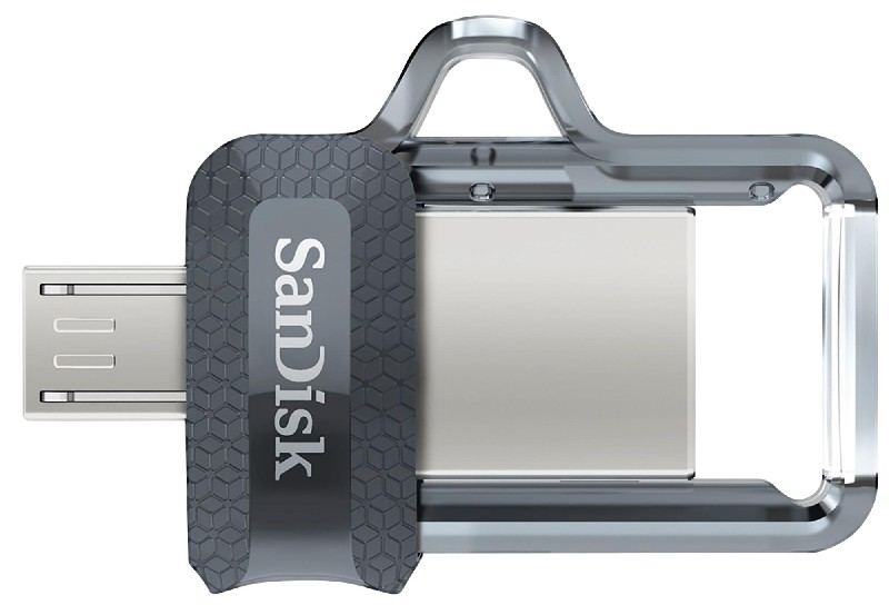 Dualer USB-Stick in Silber und Grau. 'SanDisk' steht auf dem grauen Teil.