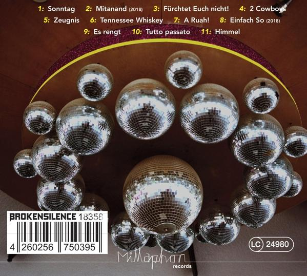 CD-Rückseite mit Trackliste auf Deutsch und einer Reihe von Discokugeln, die von der Decke hängen.