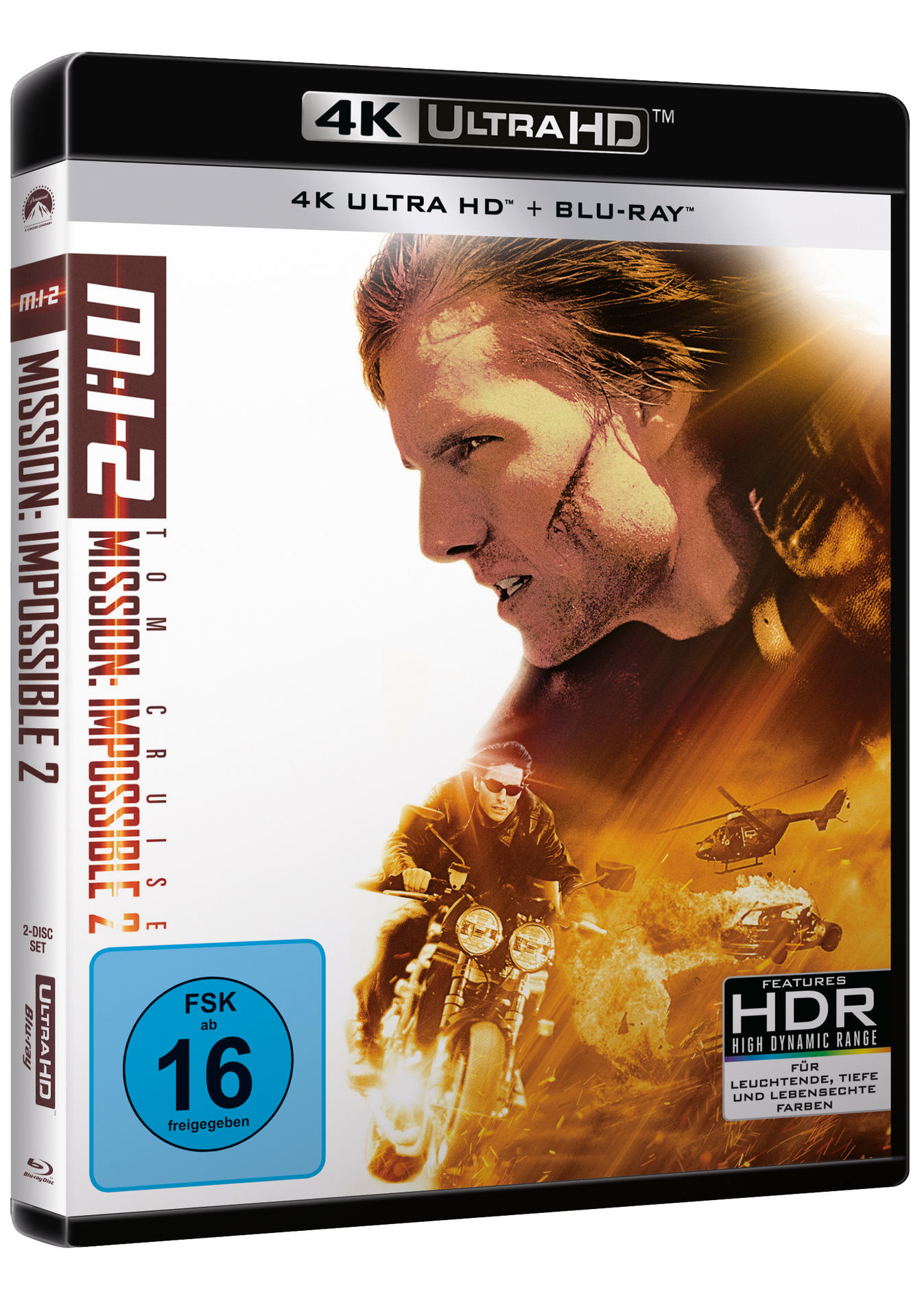 Mission: Impossible 2 Blu-ray-Cover. Tom Cruise auf dem Cover, Action-Szene dargestellt.