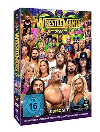 WrestleMania 2018 DVD-Cover mit mehreren Wrestlern und blauem Rating-Label.