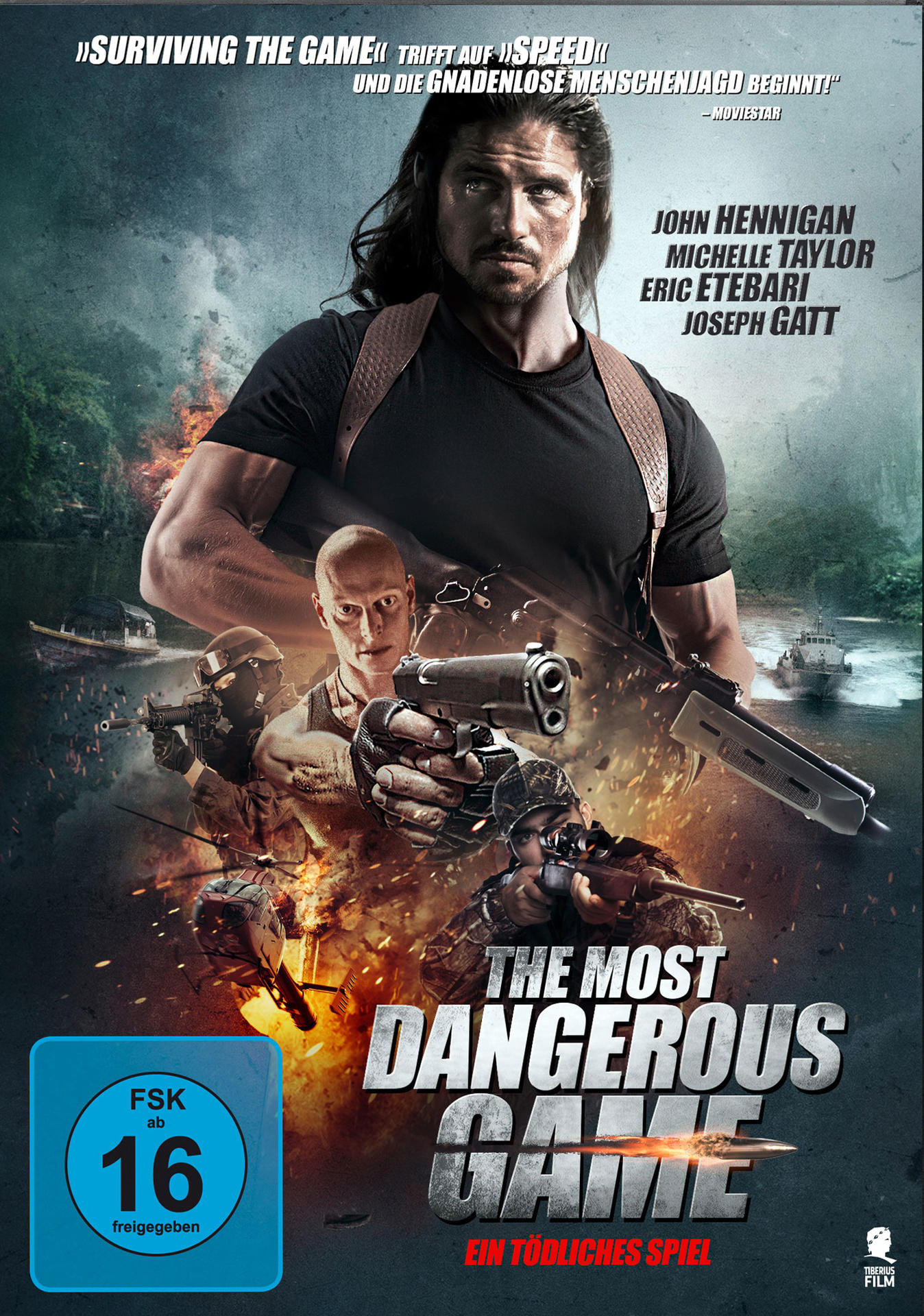 Filmposter mit einem Mann mit einer Waffe und Soldaten in Aktion. Text steht unten. Dunkler Hintergrund.