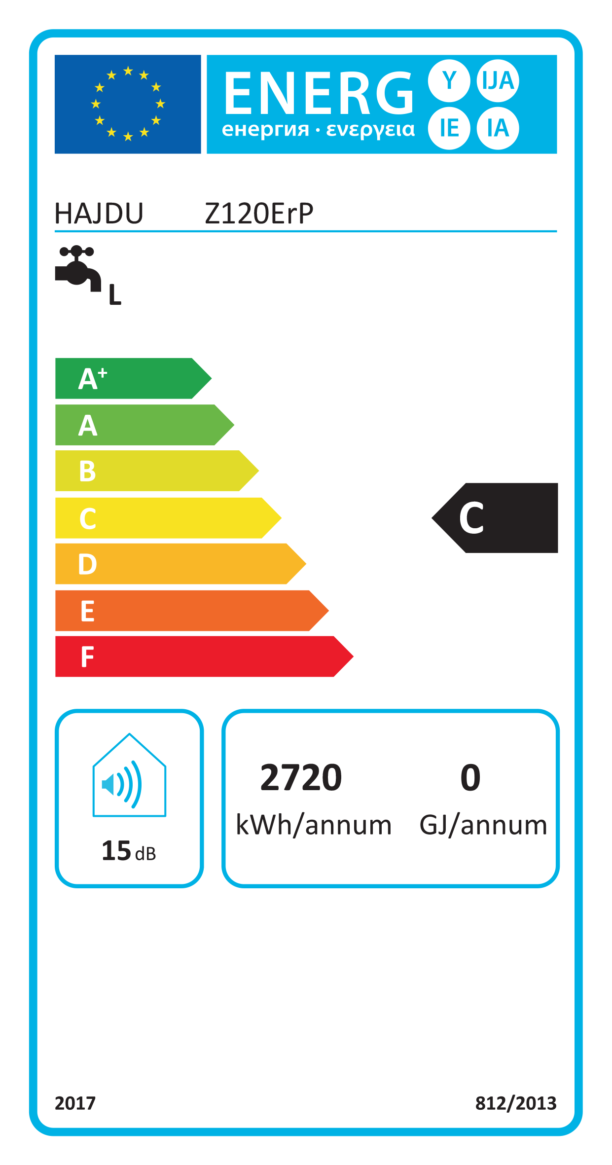 Energia címke A+ - F hatékonysági besorolással, csap szimbólum, 15dB zajszint, 2720 kWh/év, és 'C' besorolás.