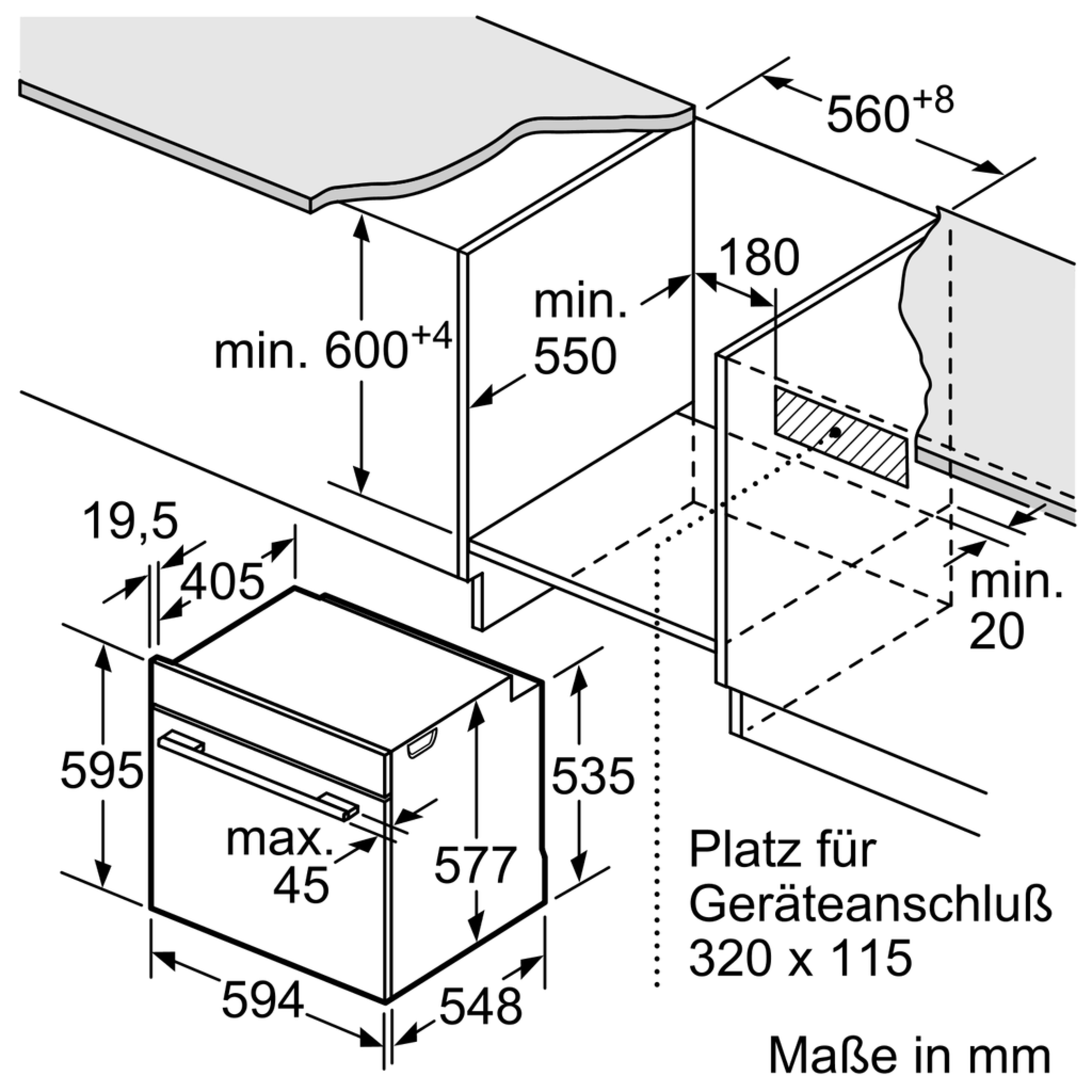 Diagramm eines Einbauofens. Abmessungen, Maße und Textbeschriftungen sind sichtbar.