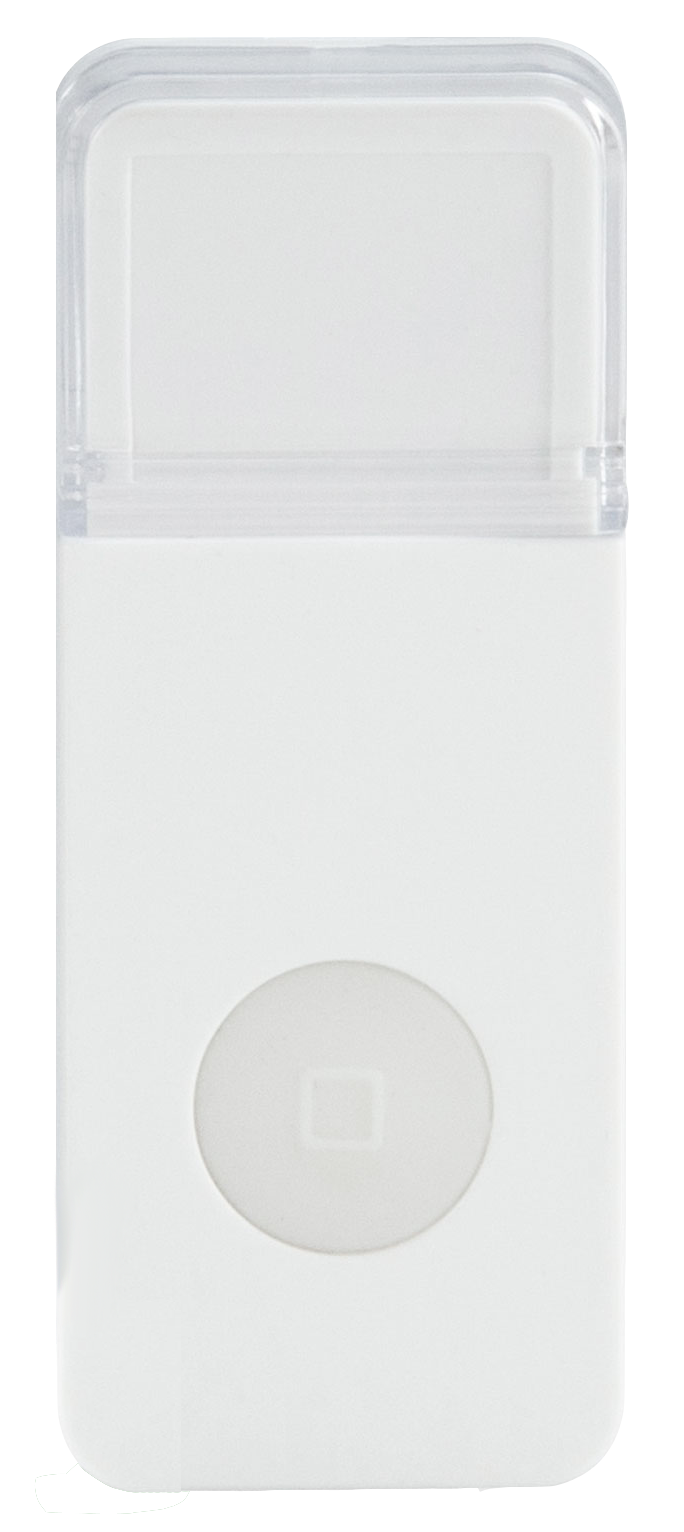 Een witte, rechthoekige Apple iPod, met een doorzichtige plastic hoes.