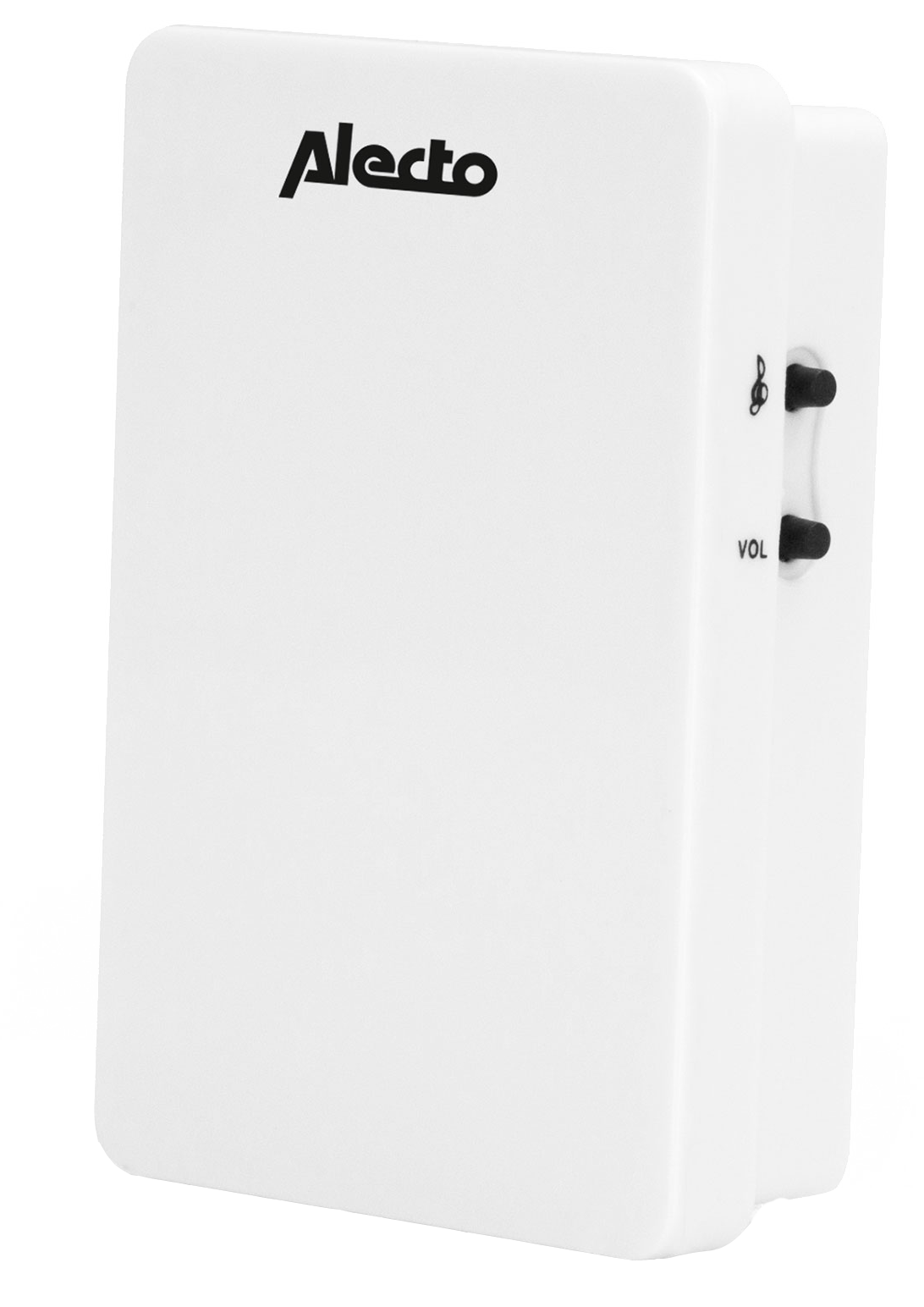A white Alecto baby monitor with volume and sound control buttons on the side.
