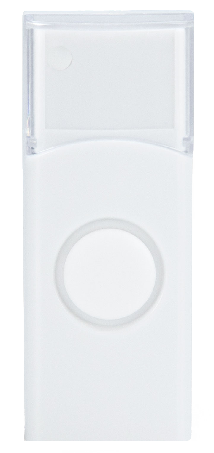 White rectangular device with a transparent top. A circular button is visible.